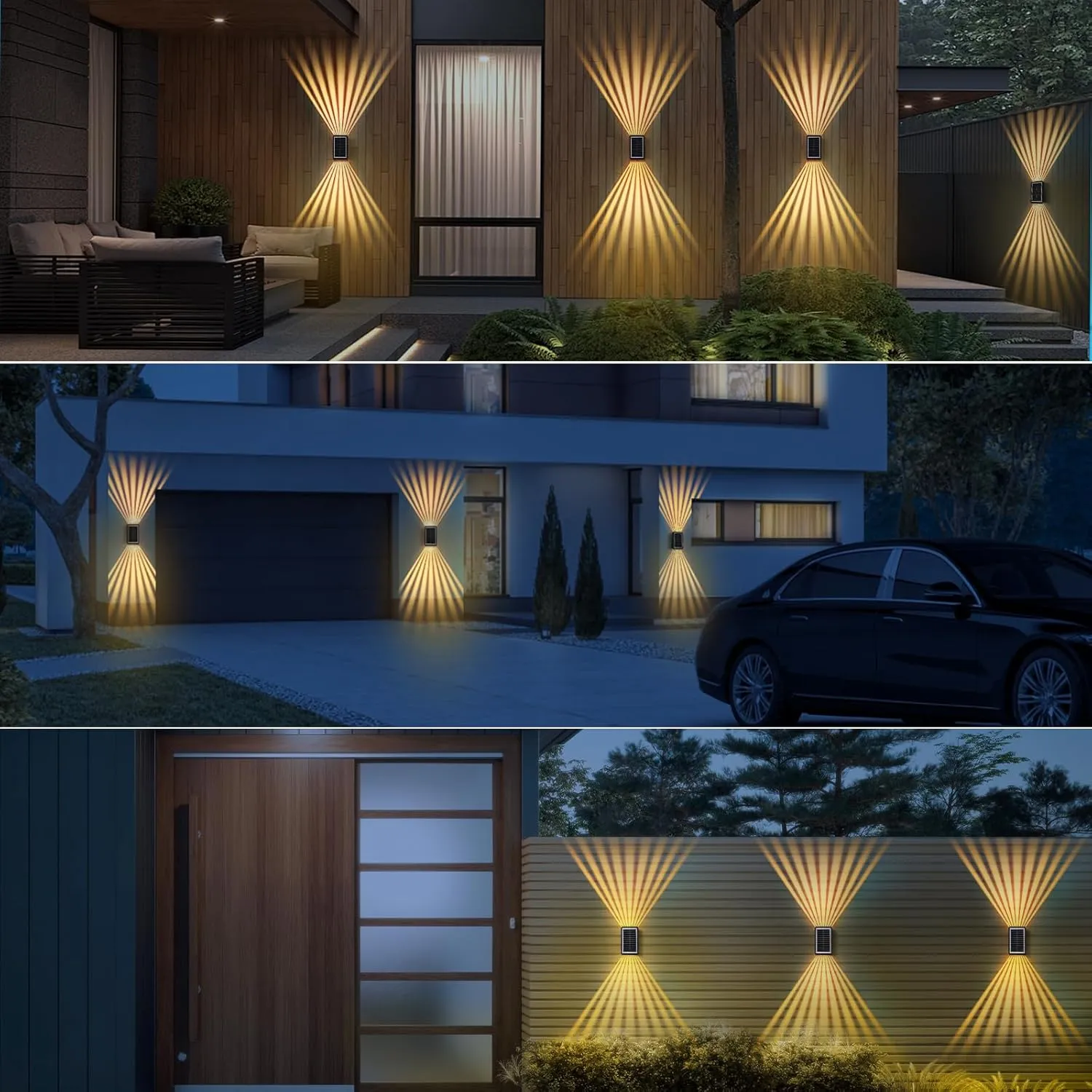 Solar Outdoor Wall Lights, Up & Down Solar Powered Lighting, Waterproof IP65 Fence Light for Yard/Pool/Porch/Patio/Railing (2 Led-Warm Light, 4 Pack)