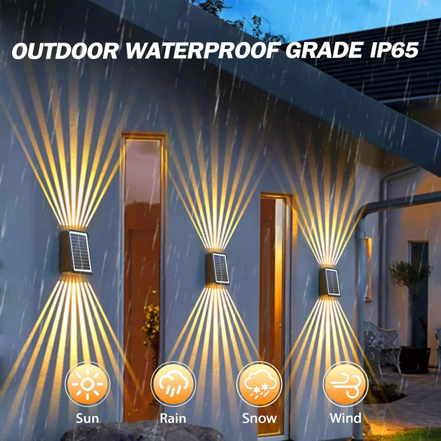 Solar Outdoor Wall Lights, Up & Down Solar Powered Lighting, Waterproof IP65 Fence Light for Yard/Pool/Porch/Patio/Railing (2 Led-Warm Light, 4 Pack)