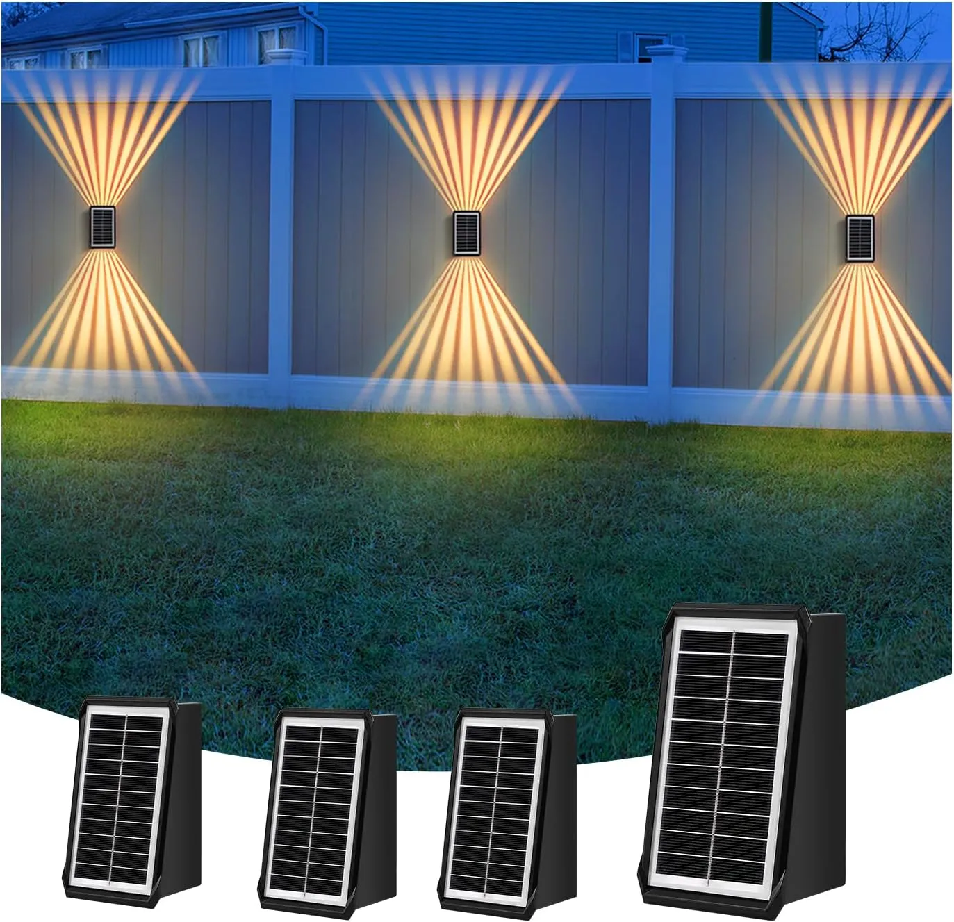 Solar Outdoor Wall Lights, Up & Down Solar Powered Lighting, Waterproof IP65 Fence Light for Yard/Pool/Porch/Patio/Railing (2 Led-Warm Light, 4 Pack)