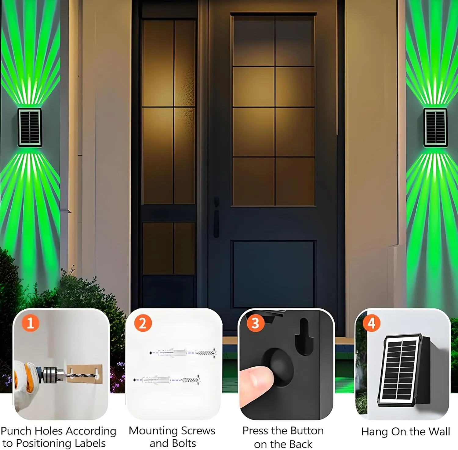 Solar Outdoor Wall Lights, Up & Down Solar Powered Lighting, Waterproof IP65 Fence Light for Yard/Pool/Porch/Patio/Railing (2 Led-Warm Light, 4 Pack)
