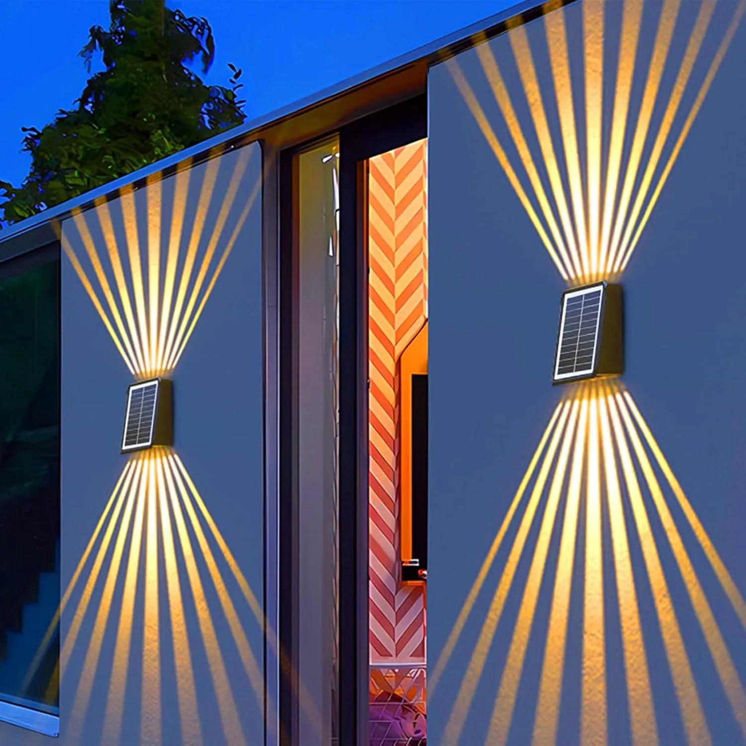 Solar Outdoor Wall Lights, Up & Down Solar Powered Lighting, Waterproof IP65 Fence Light for Yard/Pool/Porch/Patio/Railing (2 Led-Warm Light, 4 Pack)