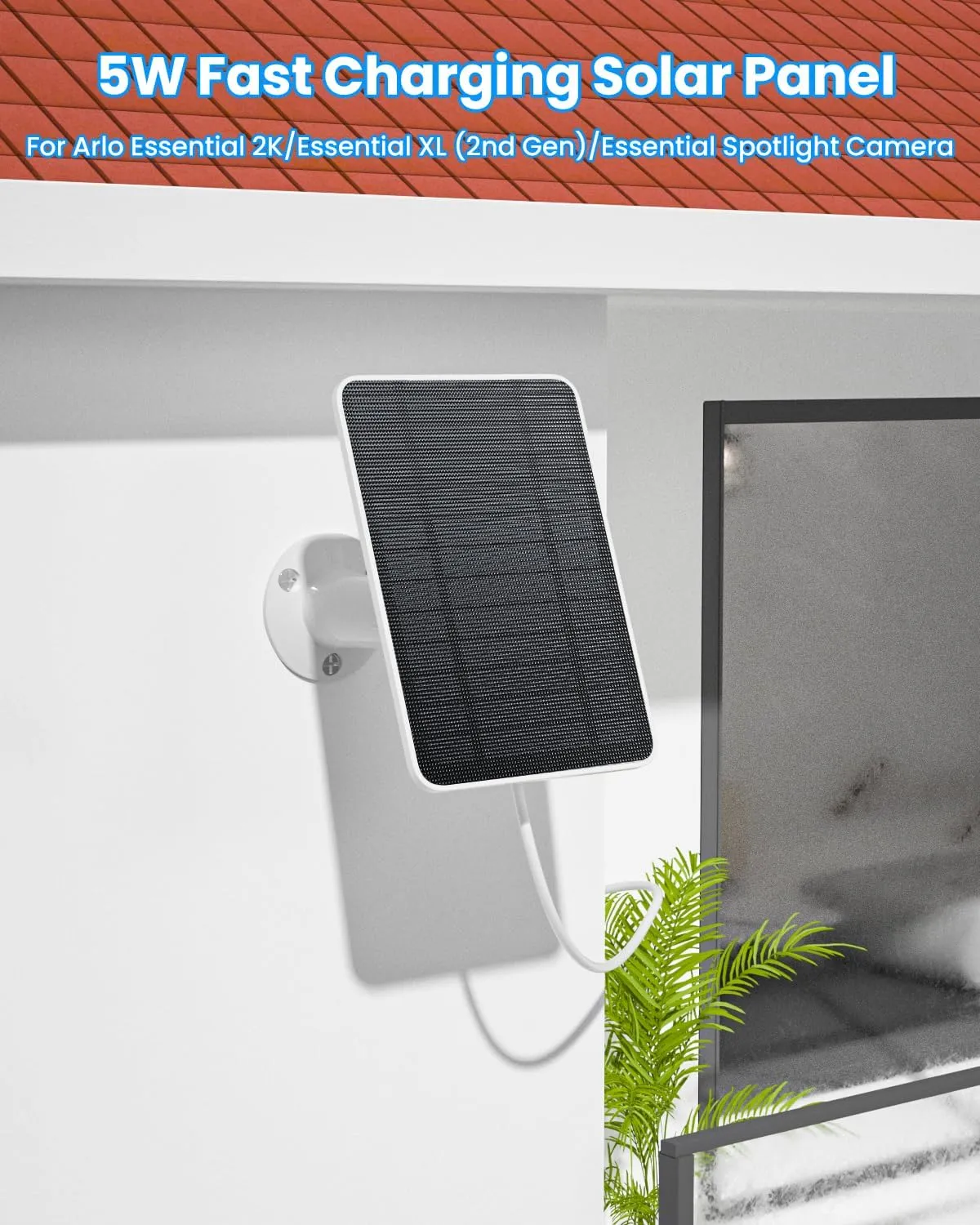 Solar Panel Charger Compatible with Arlo Essential 2K Outdoor(2nd Gen)/Essential XL Camera(2nd Gen)/Essential Spotlight, 5W Solar Panel with IP65 Waterproof 10ft Micro USB-C Cable & Wall Mount, 2 Pack