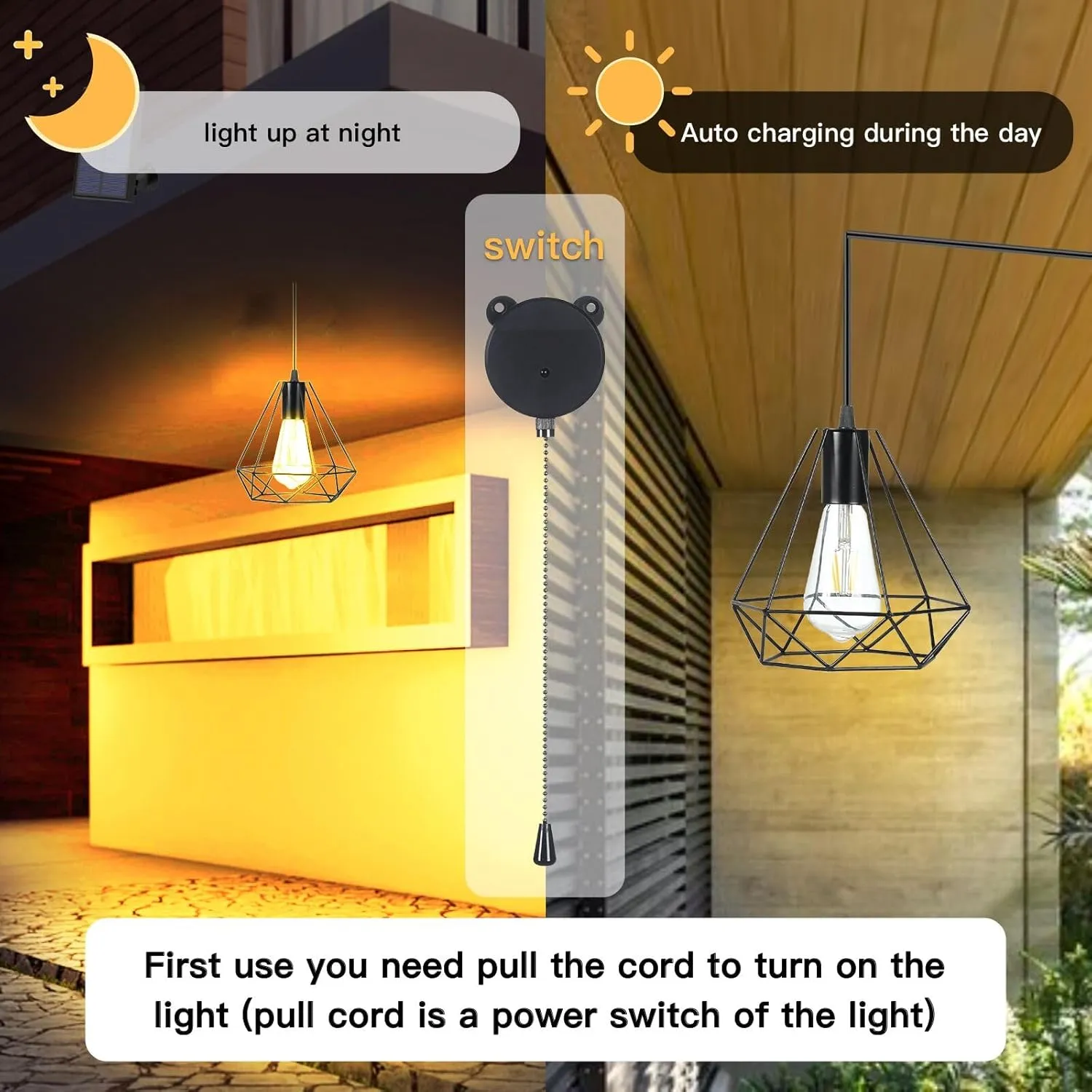 Solar Pendant Lights, Solar Powered Shed Light with Pull Cord and Remote for Outdoor Indoor, Solar Chandelier, Gazebo Lights with Adjustable Solar Panel for Yard Patio Balcony Barn Garage