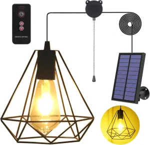 Solar Pendant Lights, Solar Powered Shed Light with Pull Cord and Remote for Outdoor Indoor, Solar Chandelier, Gazebo Lights with Adjustable Solar Panel for Yard Patio Balcony Barn Garage