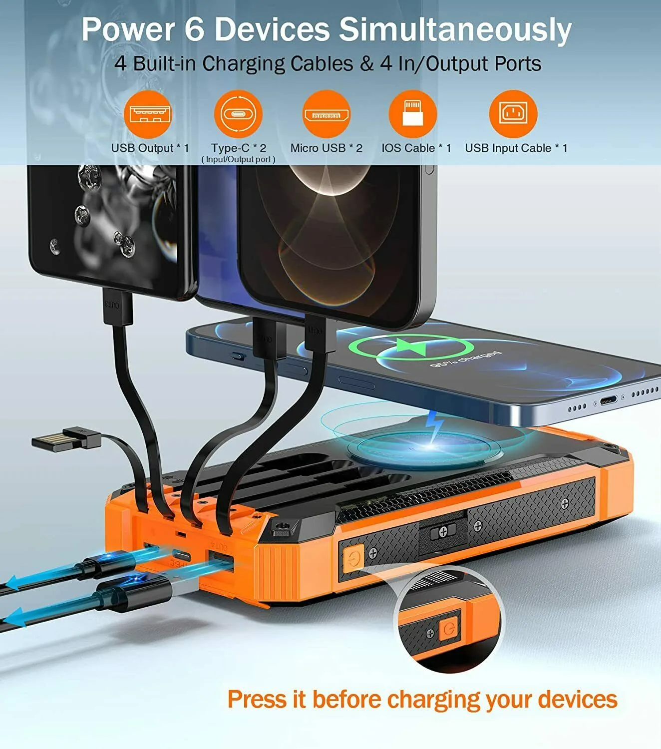 Solar Power Bank 36000mAh Built-in 4 Cables Qi Wireless Charger