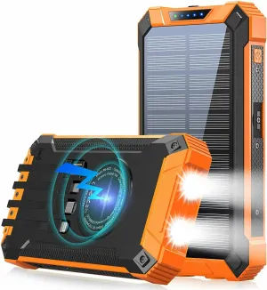 Solar Power Bank 36000mAh Built-in 4 Cables Qi Wireless Charger