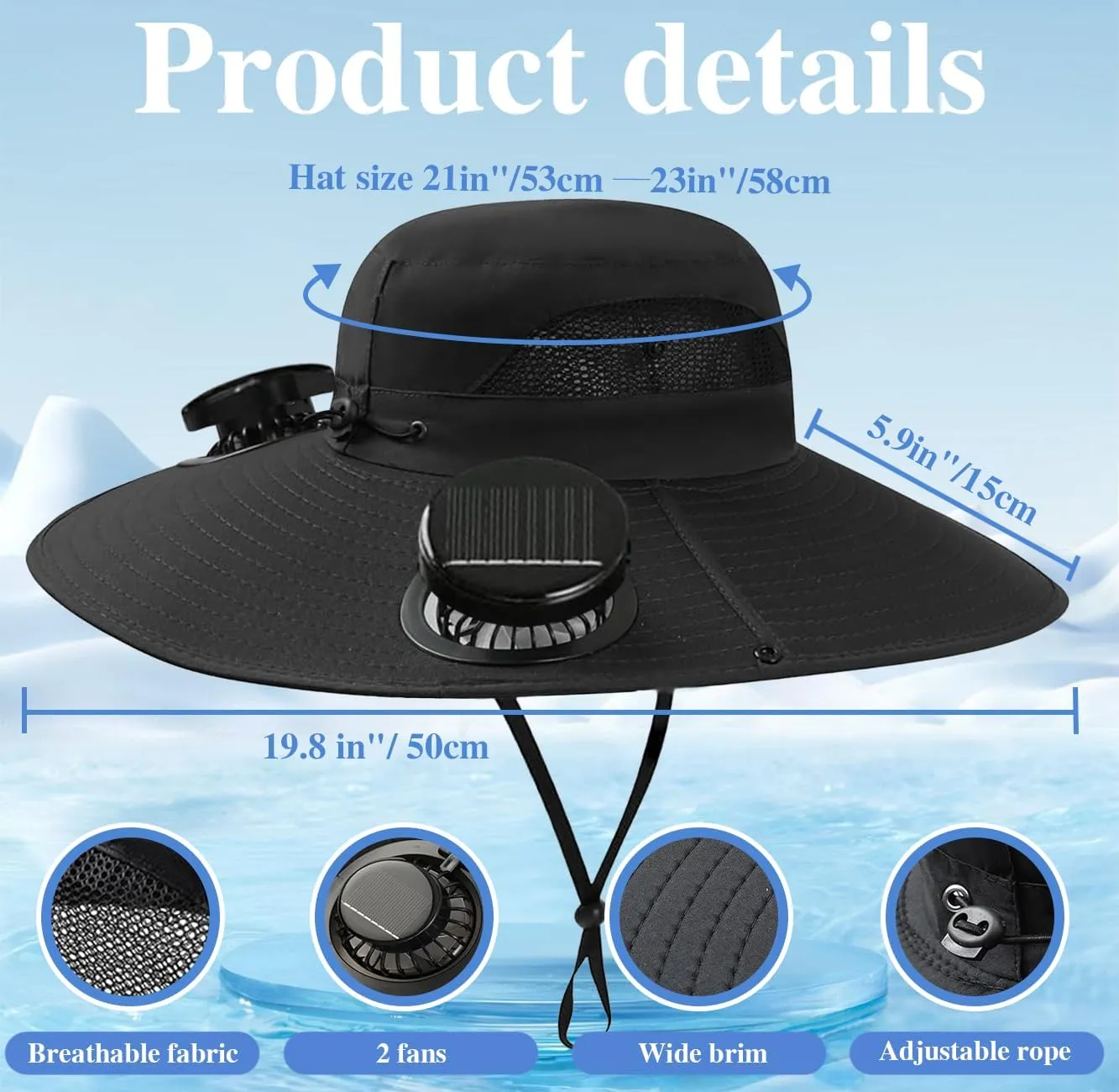 Solar Powered Fan Hat for Men Women - Wide Brim Cooling Hat with 2 USB/Solar Charging Fans, Solar Fan hat - UPF50  Sun Hat