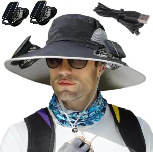 Solar Powered Outdoor Fishing Hat, Wide Brim Fan Outdoor Fishing Hat-Solar & USB Charging with Two Fans