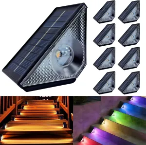 Solar Step Lights, 8 Pack Solar Stair Lights Outdoor Waterproof, Warm White/7 RGB Colors LED Outdoor Deck Light, Outside Lighting Decor for Garden Stair, Deck, Front Step, Front Porch, and Patio