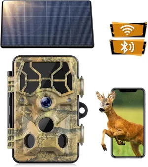 Solar Trail Camera - 30MP 1296P WiFi Bluetooth Solar Powered, Game Camera with Night Vision Motion Activated IP66 Waterproof 120° Detection Angle Hunting Camera for Wildlife Scouting