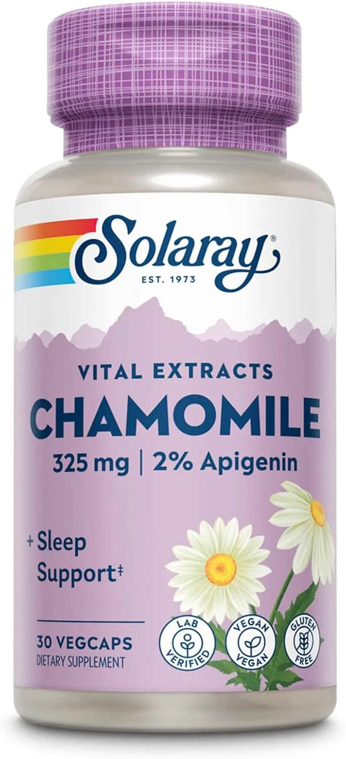 SOLARAY Chamomile Extract 325 mg - Traditional Herbal Support - Standardized to 2% Apigenin, an Antioxidant and Flavonoid - Vegan, Gluten Free, Made Without Soy, 60-Day Guarantee, 30 Serv, 30 VegCaps