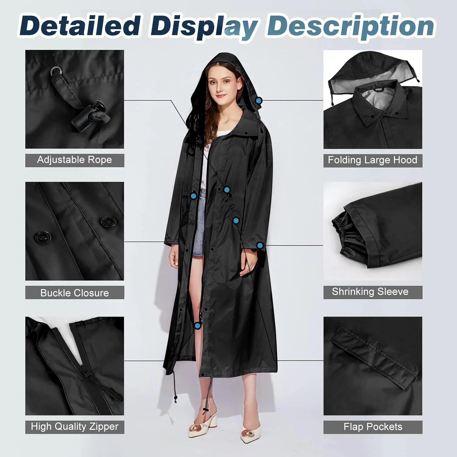 SOPPY Rain Coats for Women, Long Waterproof Raincoat Lightweight Hooded Rain Jacket for Hiking Travel Outdoor