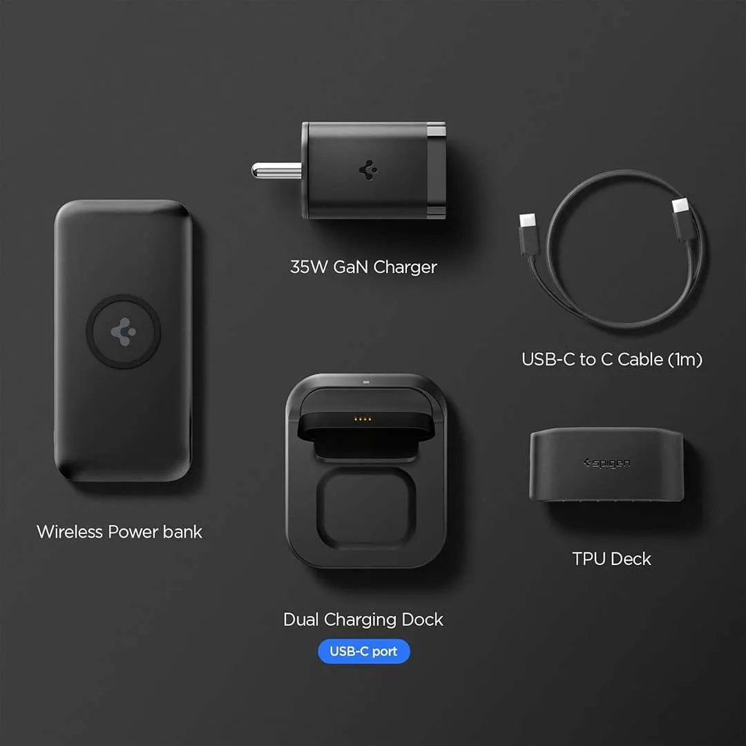 Spigen 5in1 10000mAh Wireless Power Bank & 35W GaN PPS Charger 1 Port with USB-C Dual Charging Dock - Black