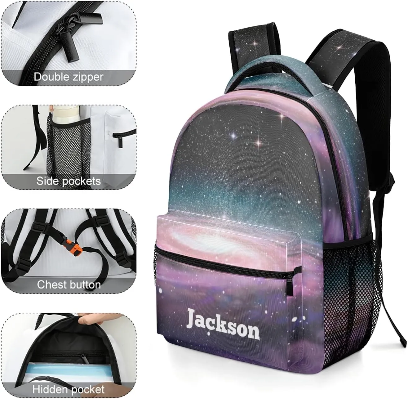 Spiral Galaxy Custom Kids Backpack 16.5 Inch for Boy Girl, Personalized Waterproof Child School Travel Bag with Name