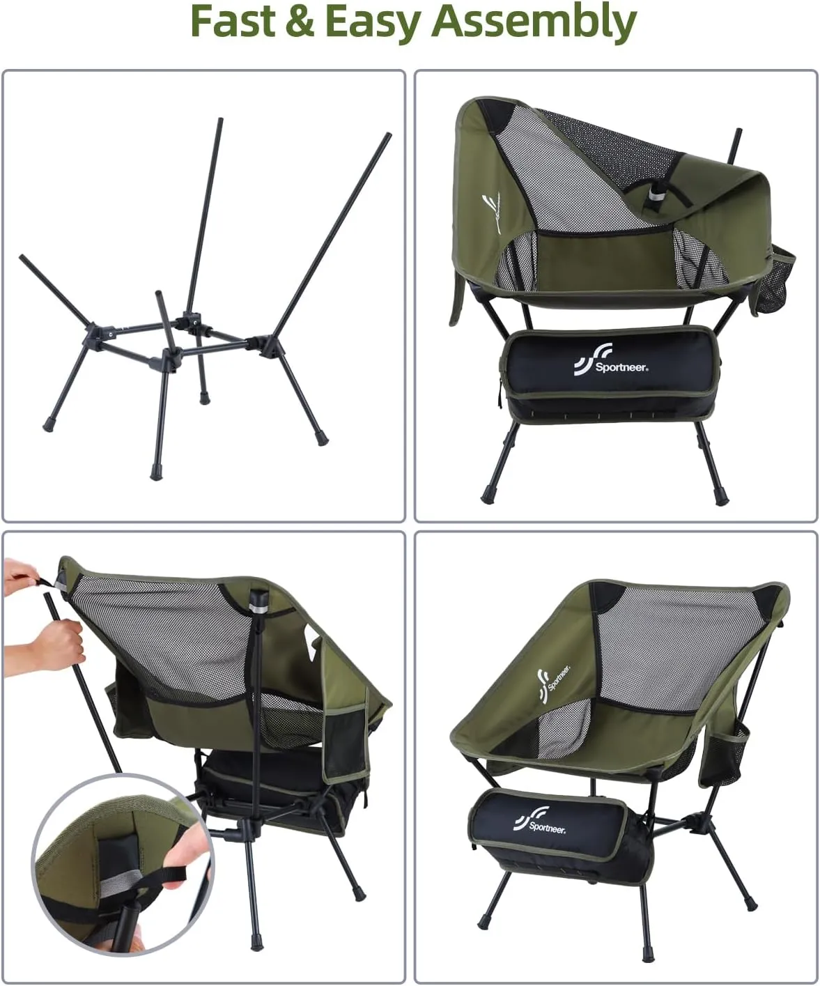 Sportneer Camping Chairs, Lightweight Outdoor Chairs with 2 Side Pockets & Storage Bag, Foldable & Portable Lawn Chairs for Camping Hiking Lawn Picnic Beach Outdoor Travel (2, Green)