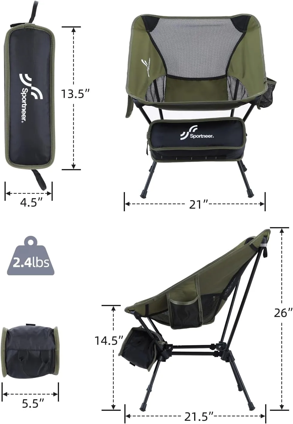 Sportneer Camping Chairs, Lightweight Outdoor Chairs with 2 Side Pockets & Storage Bag, Foldable & Portable Lawn Chairs for Camping Hiking Lawn Picnic Beach Outdoor Travel (2, Green)