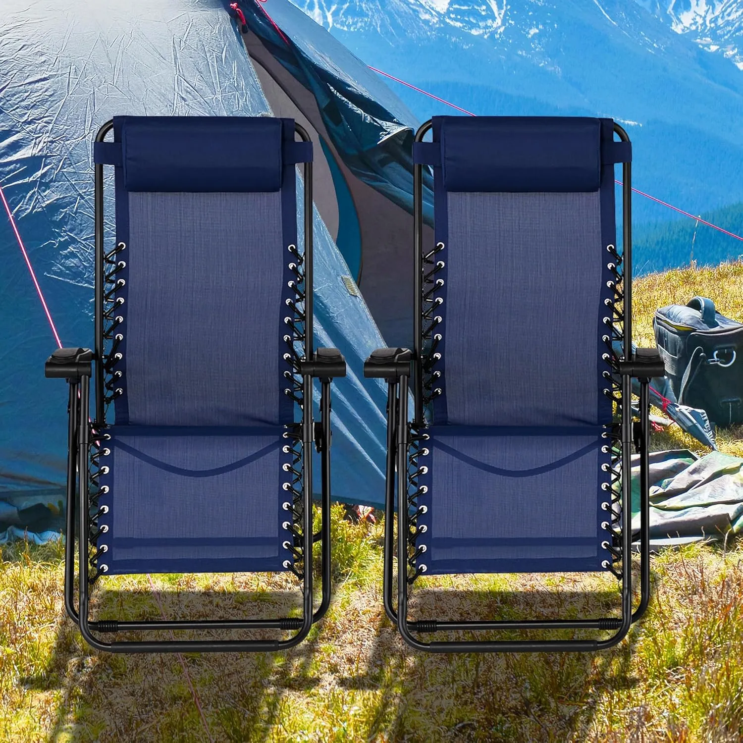 Sports Zero Gravity Outdoor Portable Folding Camping Lawn Deck Patio Pool Recliner Lounge Chair for Adults, Adjustable Headrest, Blue (2 Pack)