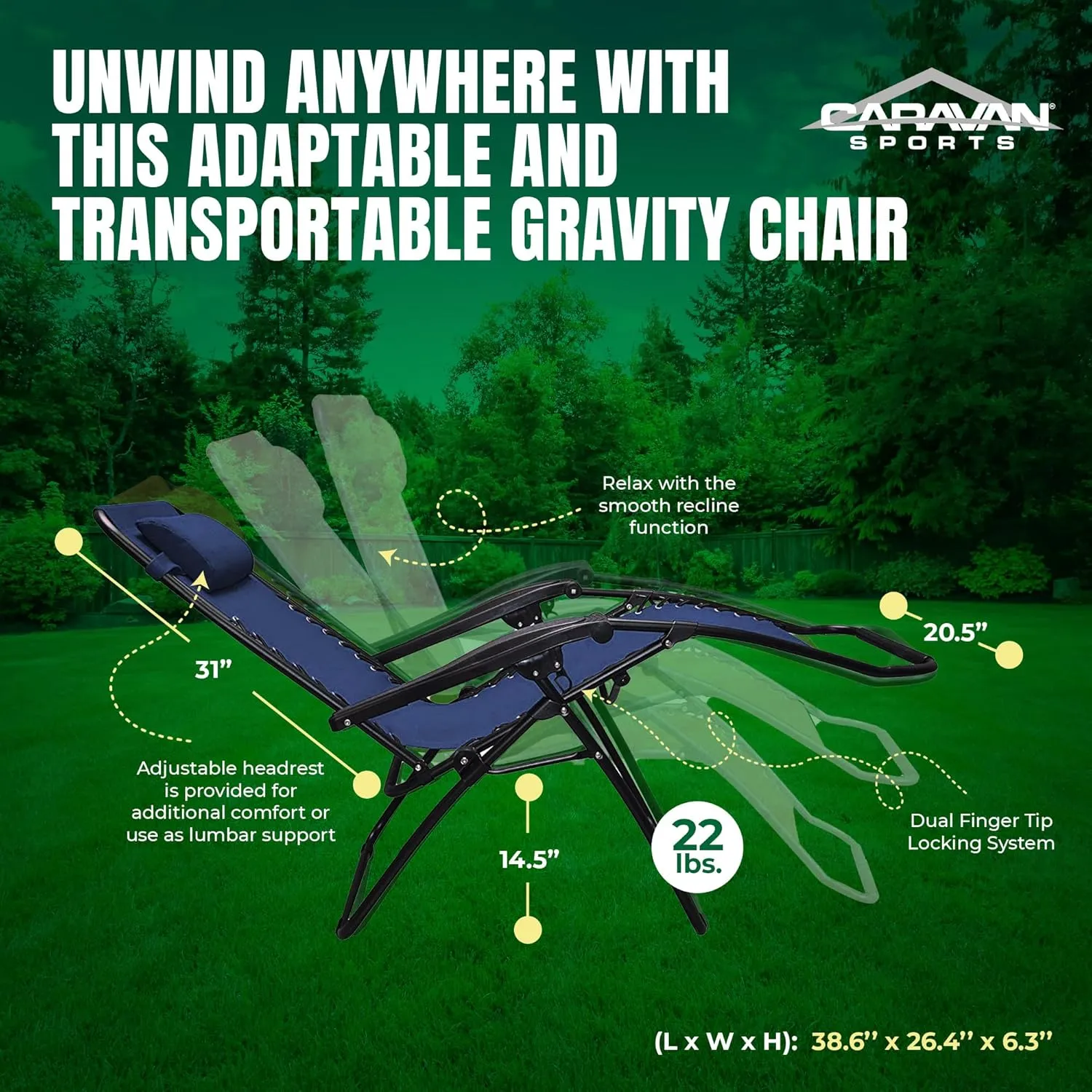 Sports Zero Gravity Outdoor Portable Folding Camping Lawn Deck Patio Pool Recliner Lounge Chair for Adults, Adjustable Headrest, Blue (2 Pack)