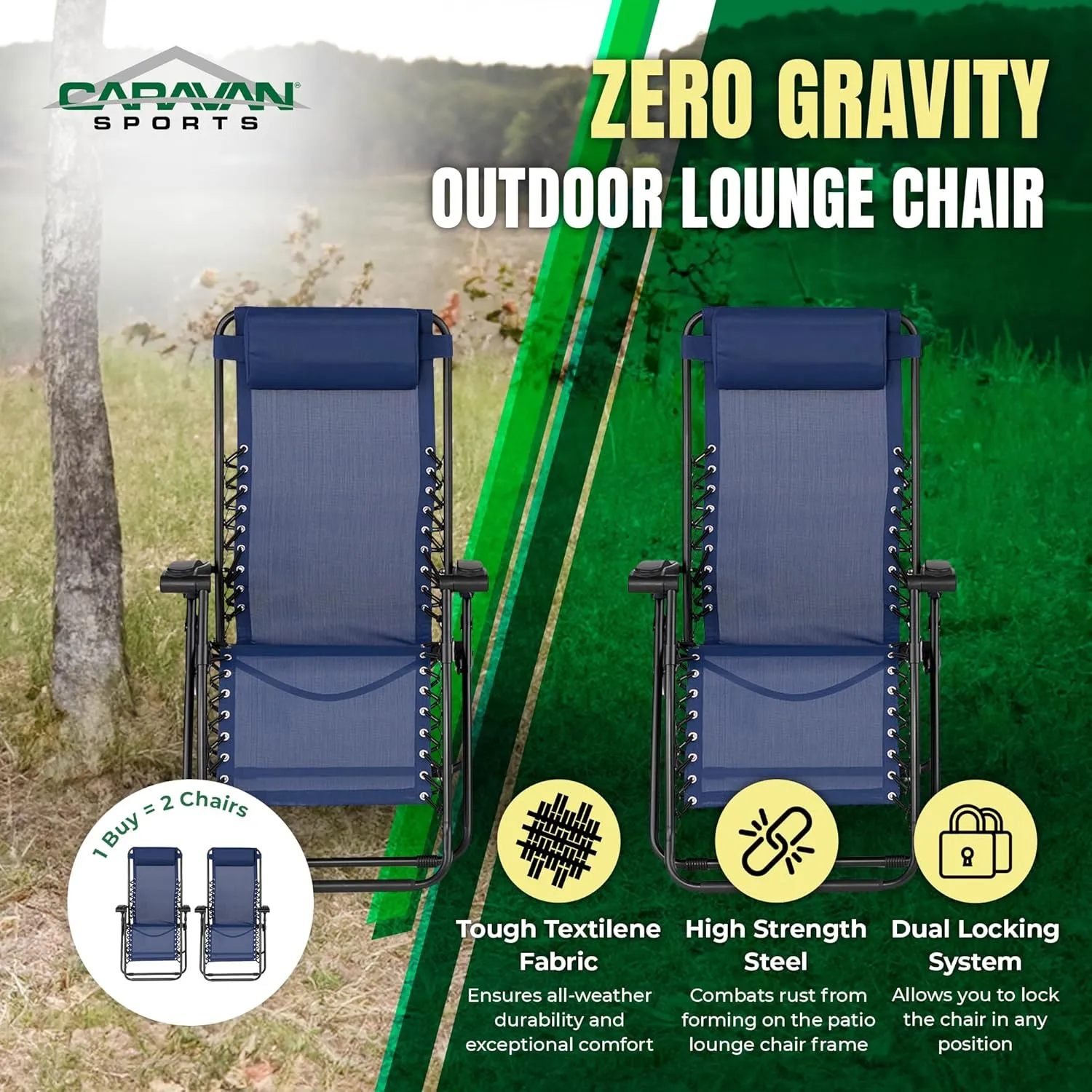 Sports Zero Gravity Outdoor Portable Folding Camping Lawn Deck Patio Pool Recliner Lounge Chair for Adults, Adjustable Headrest, Blue (2 Pack)
