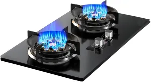 Stainless Steel Gas Stove Double Burner, 5.0KW 9 Cavity High Fire, 180 Minutes Timer(LPG)