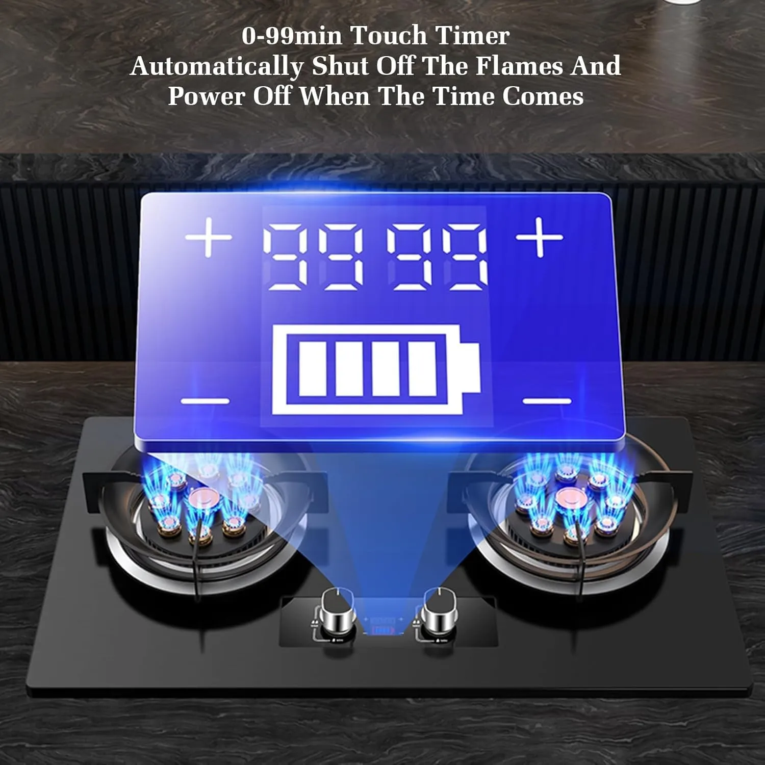 Stainless Steel Gas Stove Double Burner, 5.0KW 9 Cavity High Fire, 180 Minutes Timer(LPG)