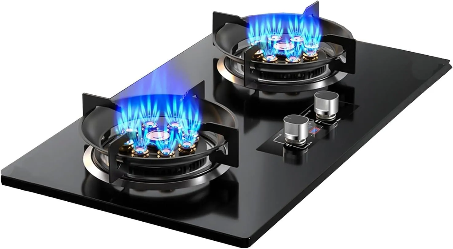 Stainless Steel Gas Stove Double Burner, 5.0KW 9 Cavity High Fire, 180 Minutes Timer(LPG)