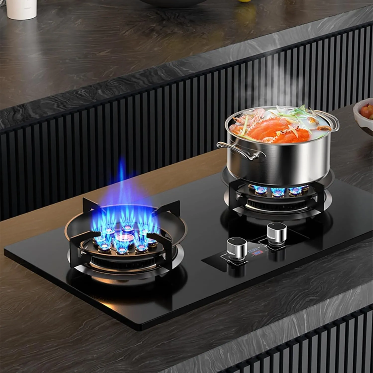 Stainless Steel Gas Stove Double Burner, 5.0KW 9 Cavity High Fire, 180 Minutes Timer(LPG)