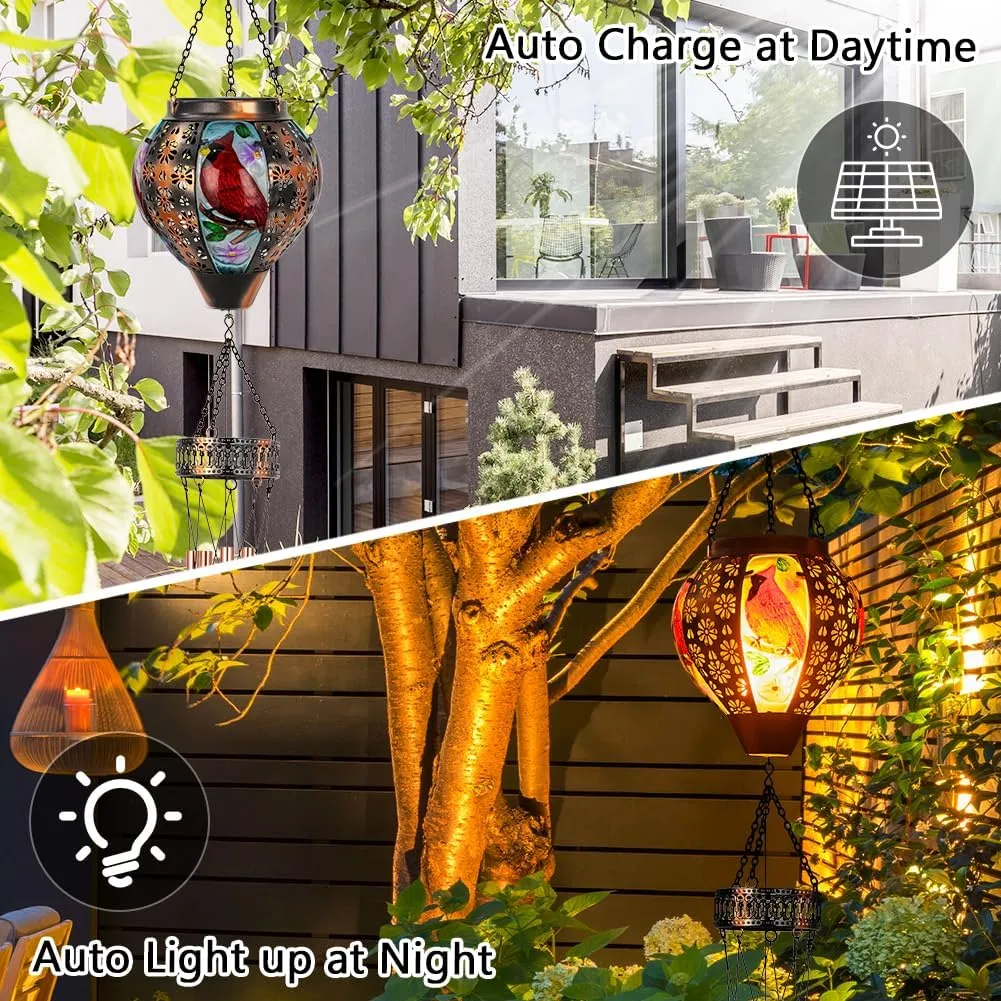 Starsoul Solar Wind Chimes for Outside, Cardinal Hot Air Balloon with Flickering Flame Solar Wind Chime, Glass Windchimes Outdoors Garden Decor, Gift for Mother's Day Mom Grandma