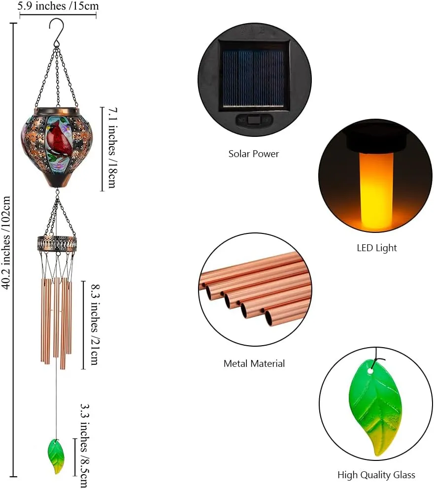 Starsoul Solar Wind Chimes for Outside, Cardinal Hot Air Balloon with Flickering Flame Solar Wind Chime, Glass Windchimes Outdoors Garden Decor, Gift for Mother's Day Mom Grandma