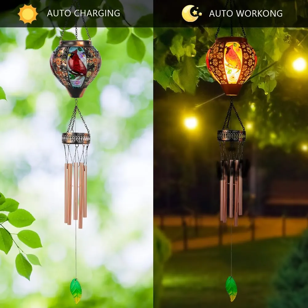 Starsoul Solar Wind Chimes for Outside, Cardinal Hot Air Balloon with Flickering Flame Solar Wind Chime, Glass Windchimes Outdoors Garden Decor, Gift for Mother's Day Mom Grandma