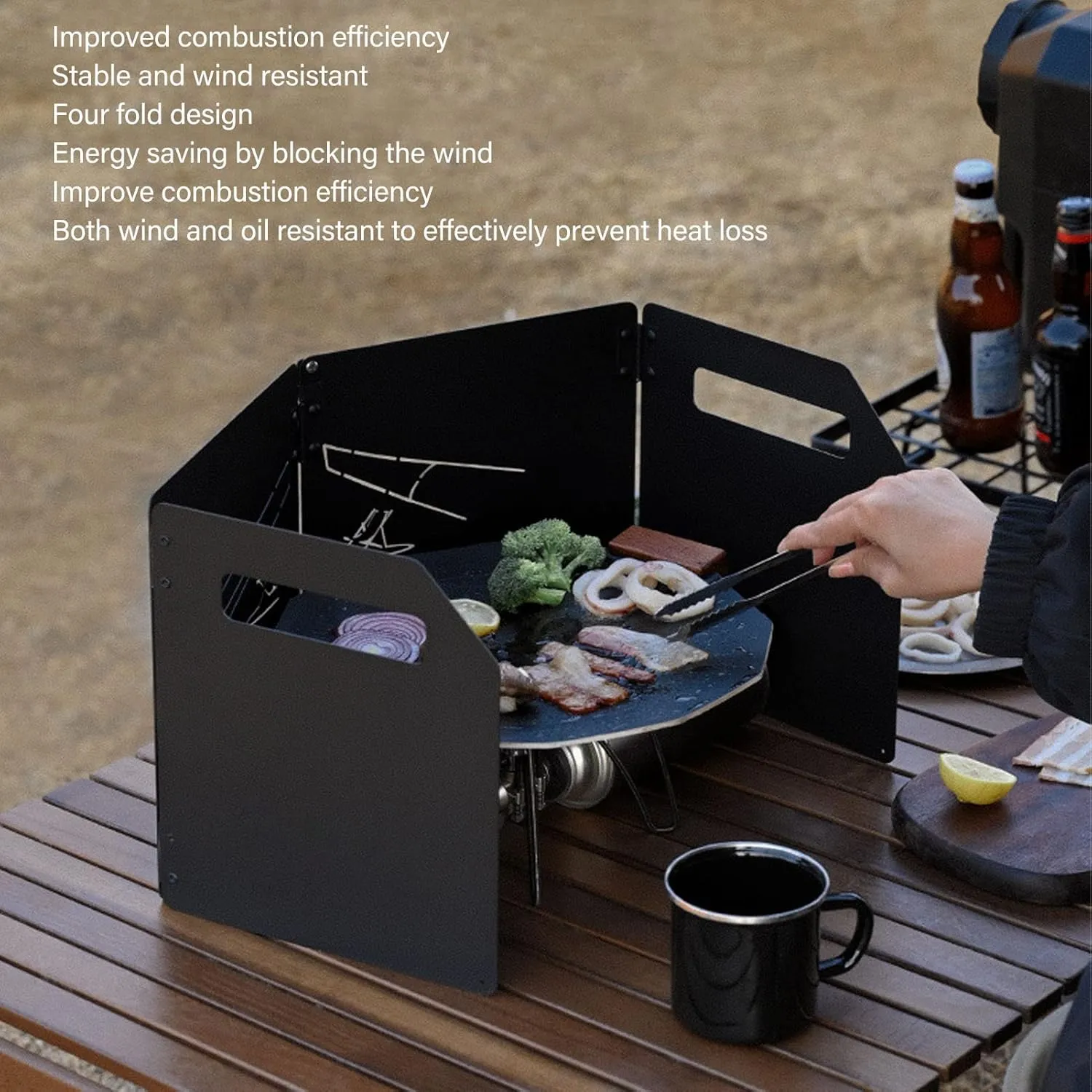 Stove Windscreen, 4 Plates Portable Folding Stove Windscreen with Handle, Carbon Steel Stove Windshield with Storage Bag​, for Outdoor BBQ and Camping(Black)