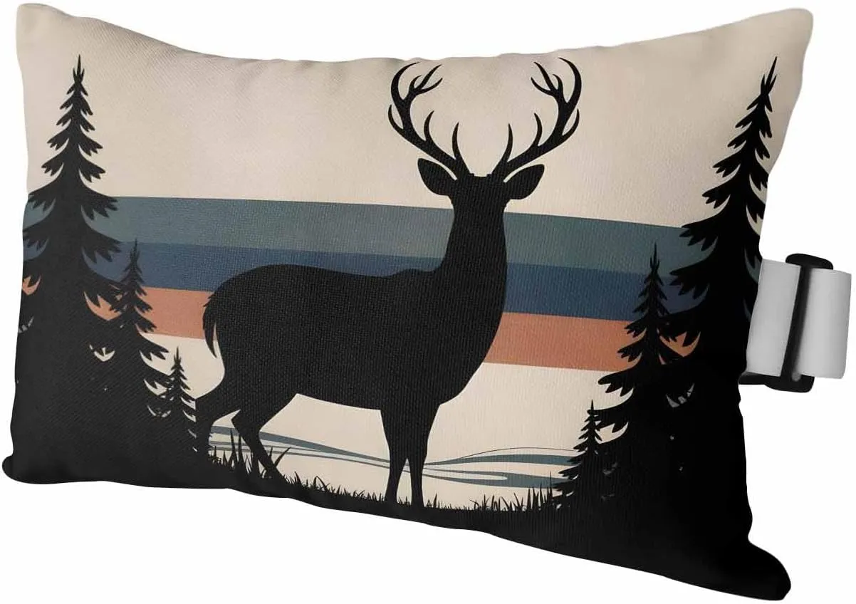 Striped Outdoor Head Resting Pillows with Insert Elk Silhouette Forest Tree Nature Stripes 1 Pack Waterproof Lumbar Pillows with Adjustable Elastic Strap for Patio Recliner Chaise Beach Chair, 11”x16”