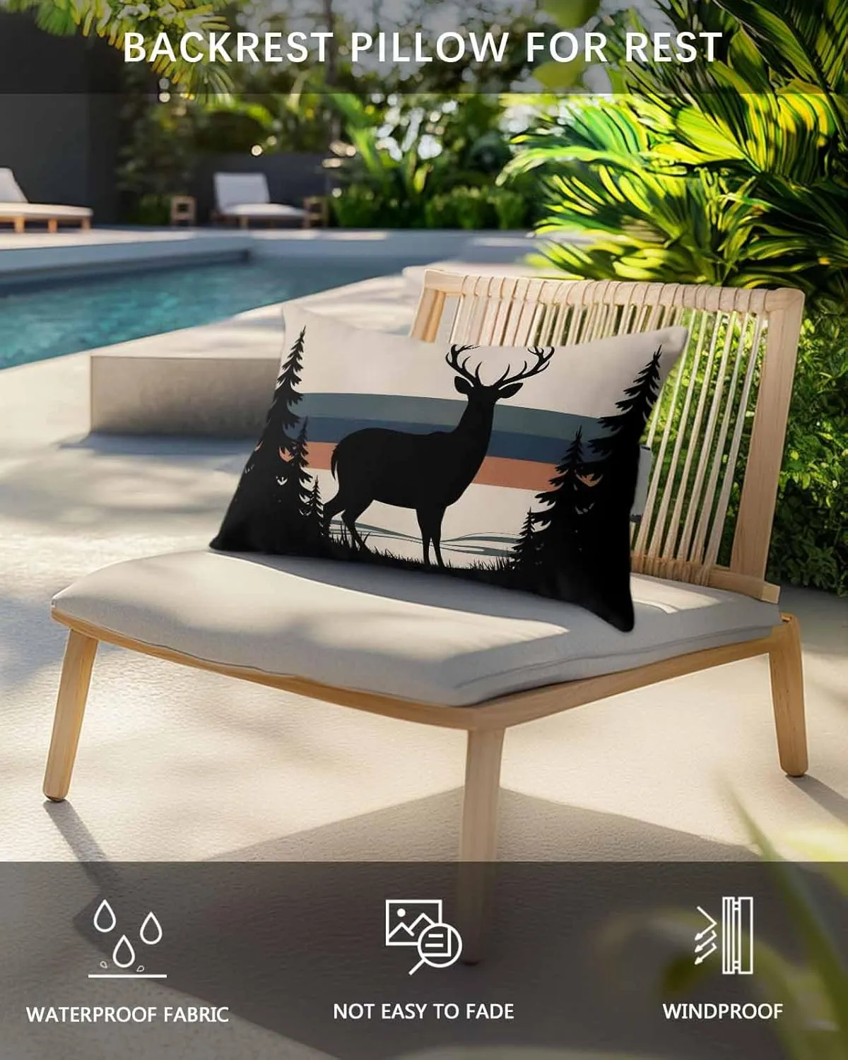 Striped Outdoor Head Resting Pillows with Insert Elk Silhouette Forest Tree Nature Stripes 1 Pack Waterproof Lumbar Pillows with Adjustable Elastic Strap for Patio Recliner Chaise Beach Chair, 11”x16”