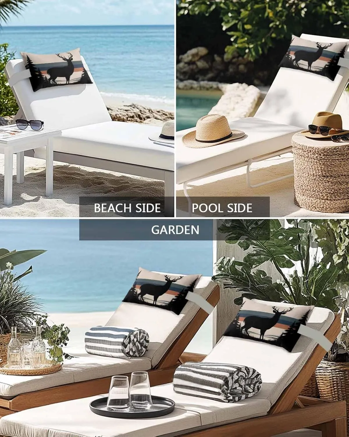 Striped Outdoor Head Resting Pillows with Insert Elk Silhouette Forest Tree Nature Stripes 1 Pack Waterproof Lumbar Pillows with Adjustable Elastic Strap for Patio Recliner Chaise Beach Chair, 11”x16”