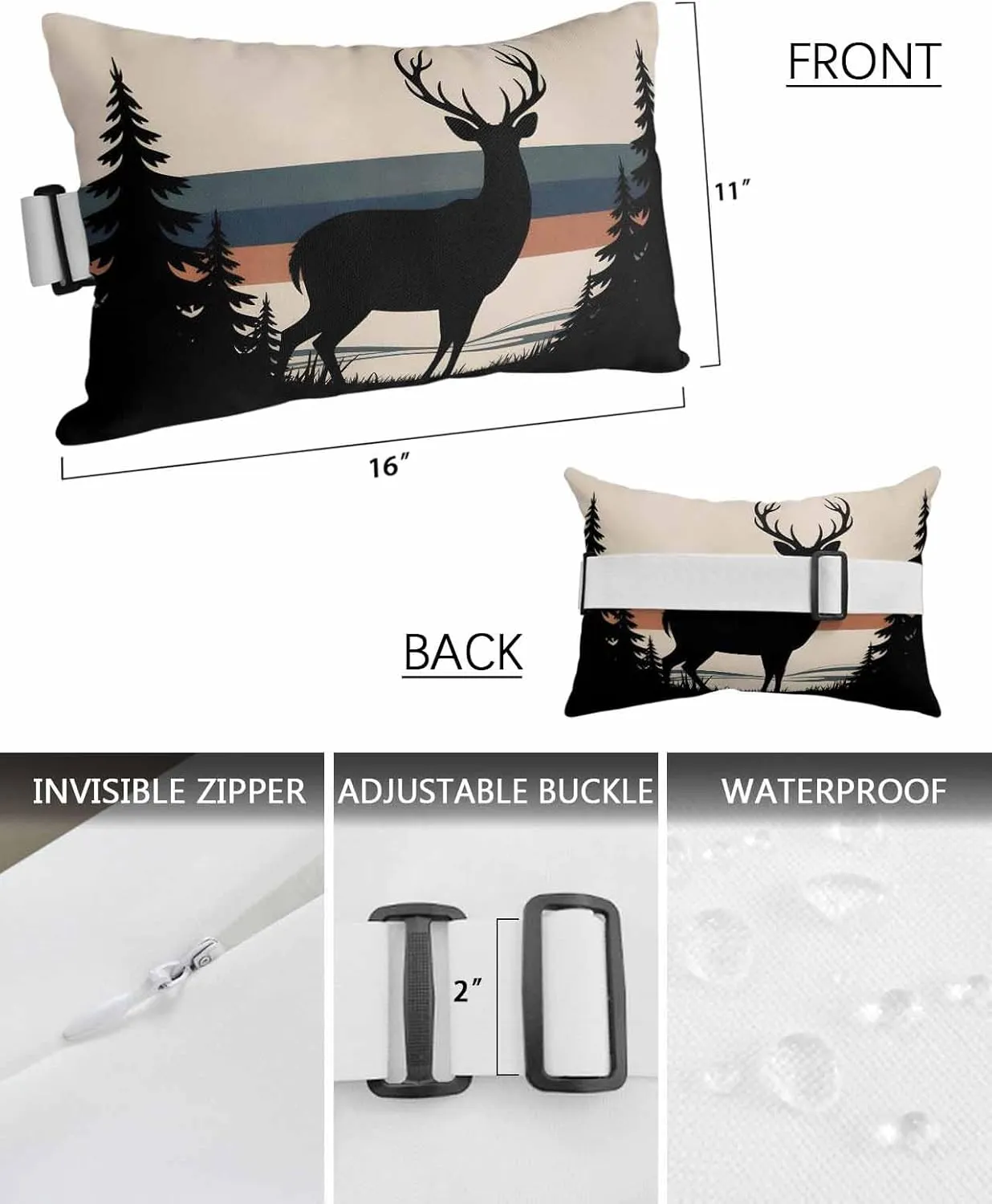 Striped Outdoor Head Resting Pillows with Insert Elk Silhouette Forest Tree Nature Stripes 1 Pack Waterproof Lumbar Pillows with Adjustable Elastic Strap for Patio Recliner Chaise Beach Chair, 11”x16”