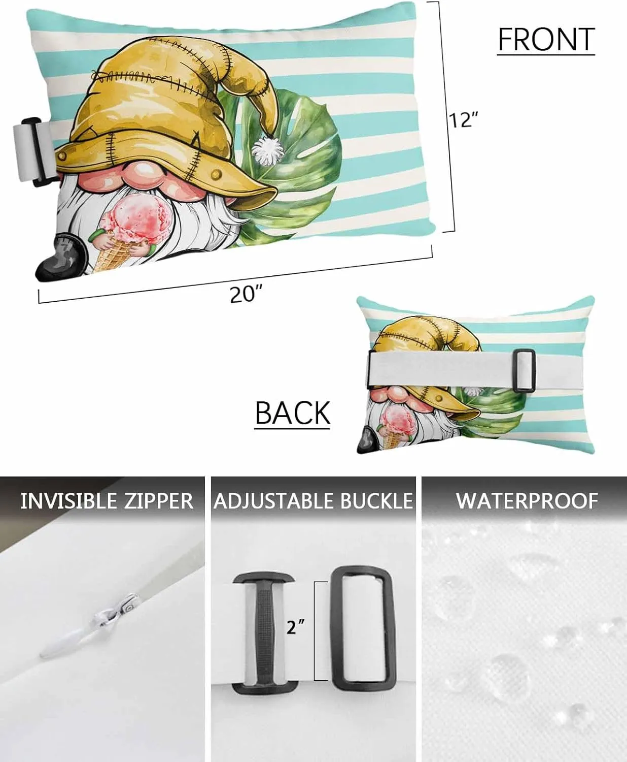 Striped Outdoor Head Resting Pillows with Insert Summer Palm Leaf Gnome Ice Cream Green Stripes 1 Pack Waterproof Lumbar Pillows with Adjustable Elastic Strap for Patio Chaise Beach Chair, 12”x20”