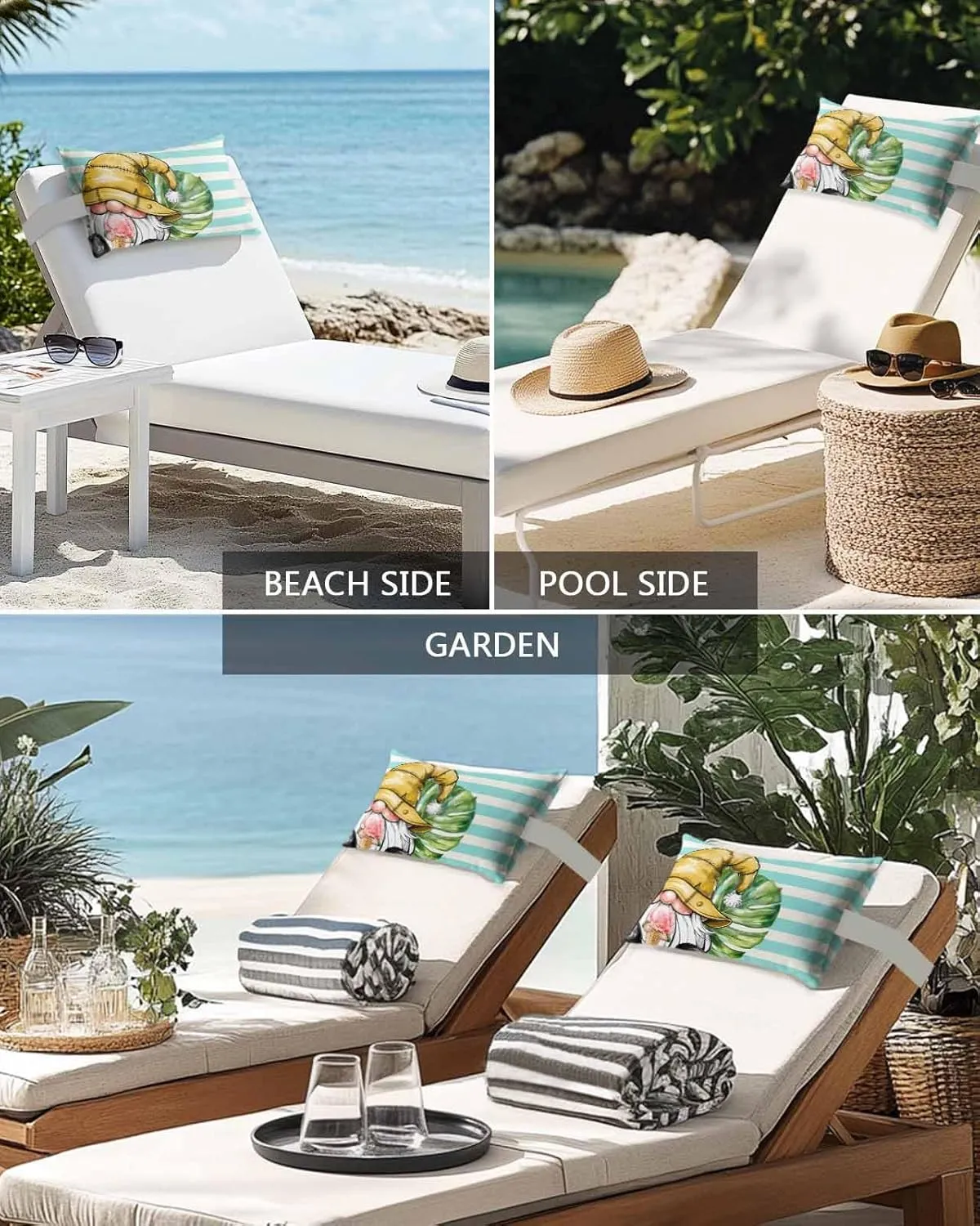 Striped Outdoor Head Resting Pillows with Insert Summer Palm Leaf Gnome Ice Cream Green Stripes 1 Pack Waterproof Lumbar Pillows with Adjustable Elastic Strap for Patio Chaise Beach Chair, 12”x20”
