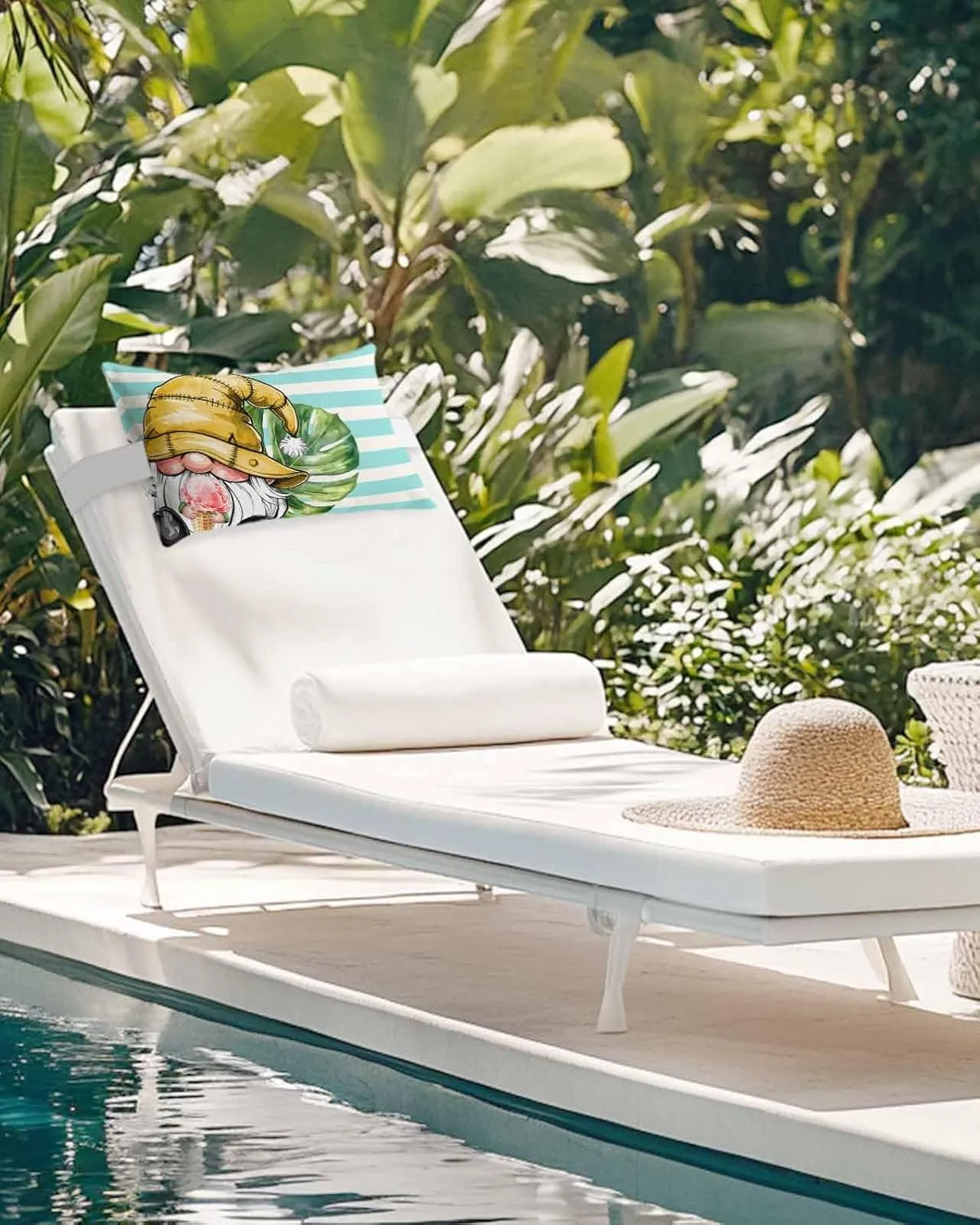 Striped Outdoor Head Resting Pillows with Insert Summer Palm Leaf Gnome Ice Cream Green Stripes 1 Pack Waterproof Lumbar Pillows with Adjustable Elastic Strap for Patio Chaise Beach Chair, 12”x20”