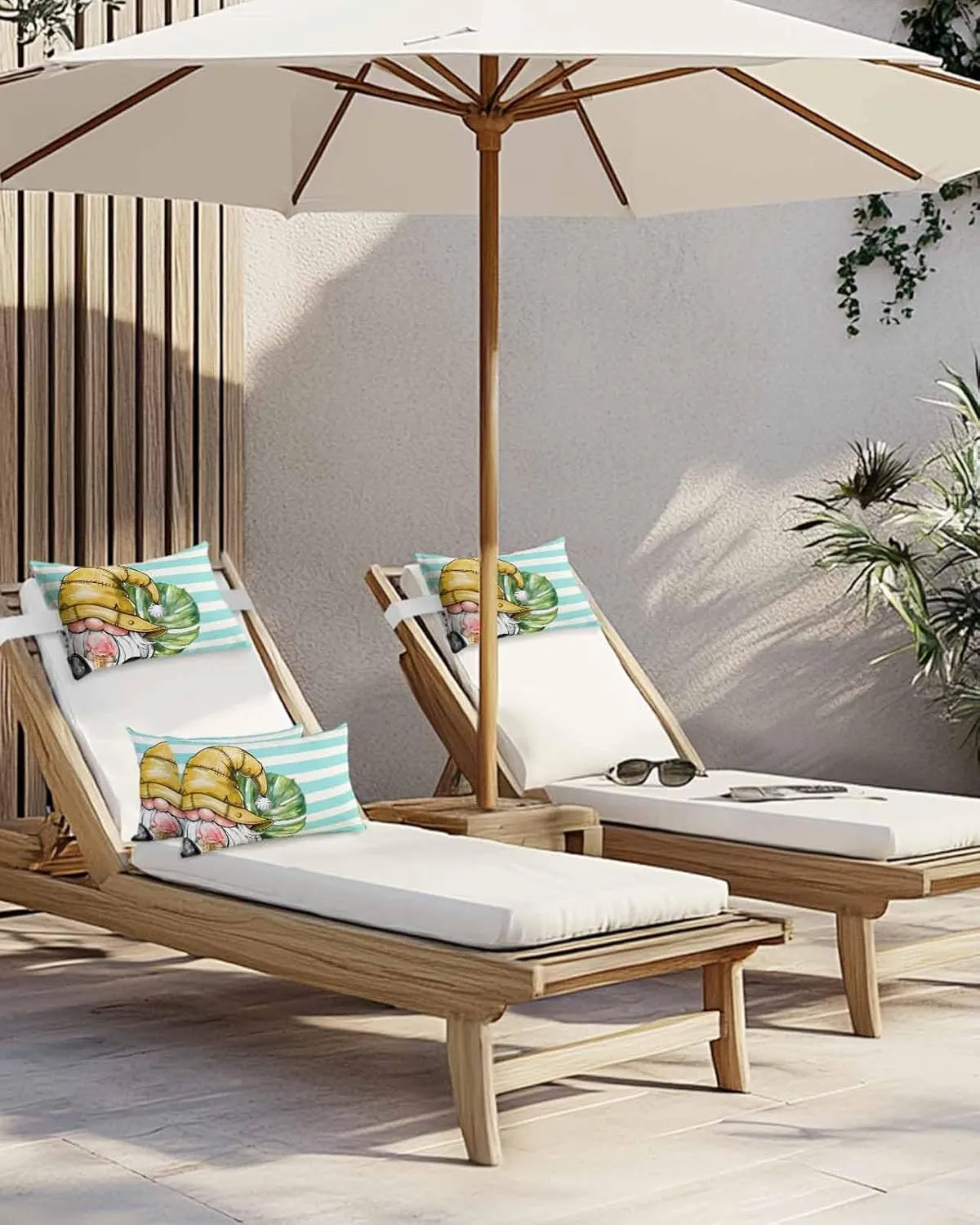 Striped Outdoor Head Resting Pillows with Insert Summer Palm Leaf Gnome Ice Cream Green Stripes 1 Pack Waterproof Lumbar Pillows with Adjustable Elastic Strap for Patio Chaise Beach Chair, 12”x20”