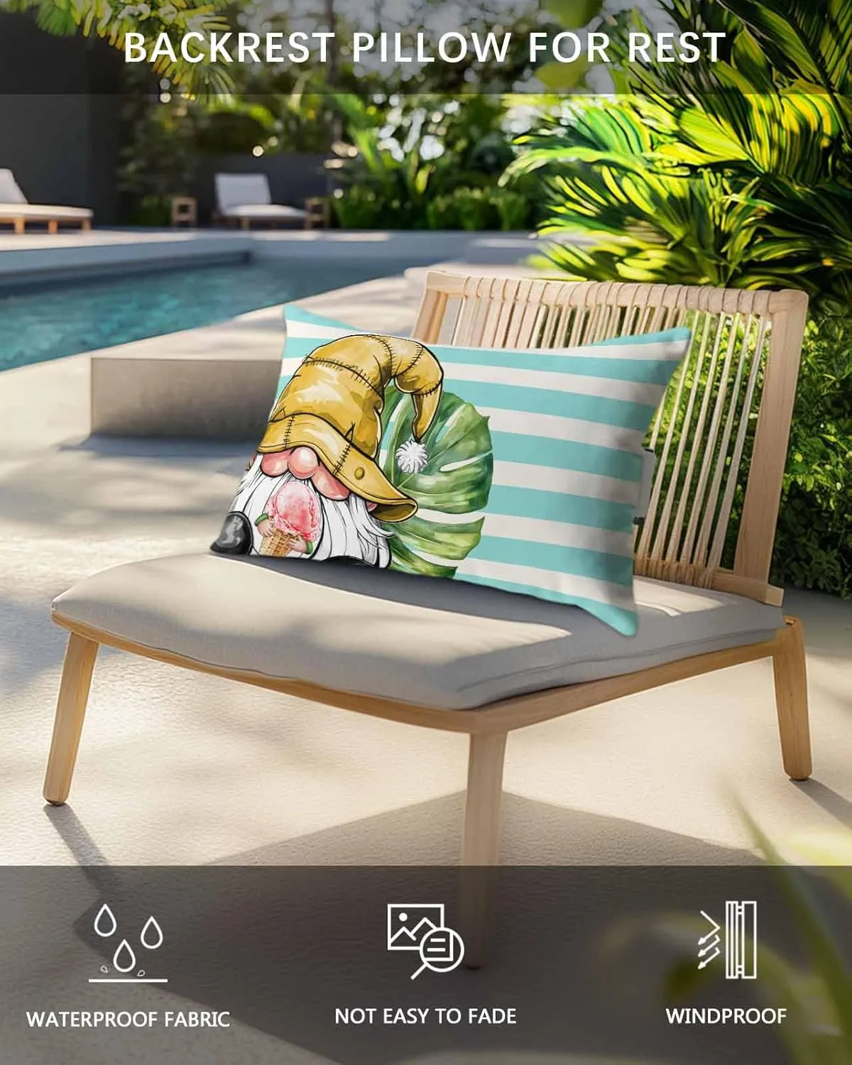 Striped Outdoor Head Resting Pillows with Insert Summer Palm Leaf Gnome Ice Cream Green Stripes 1 Pack Waterproof Lumbar Pillows with Adjustable Elastic Strap for Patio Chaise Beach Chair, 12”x20”