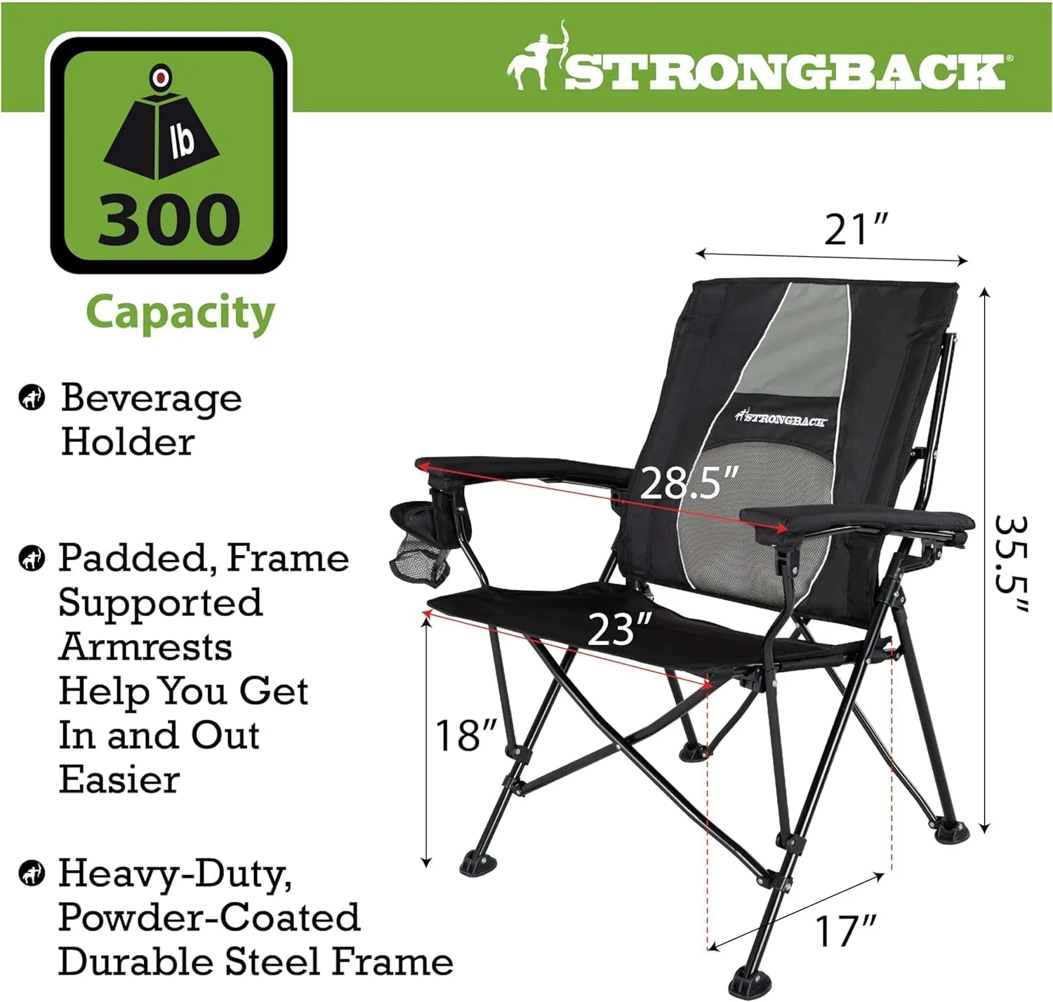 STRONGBACK Elite Folding Camping Lawn Lounge Chair Heavy Duty Camp Outdoor Seat with Lumbar Support and Portable Carry Bag - Black/Grey