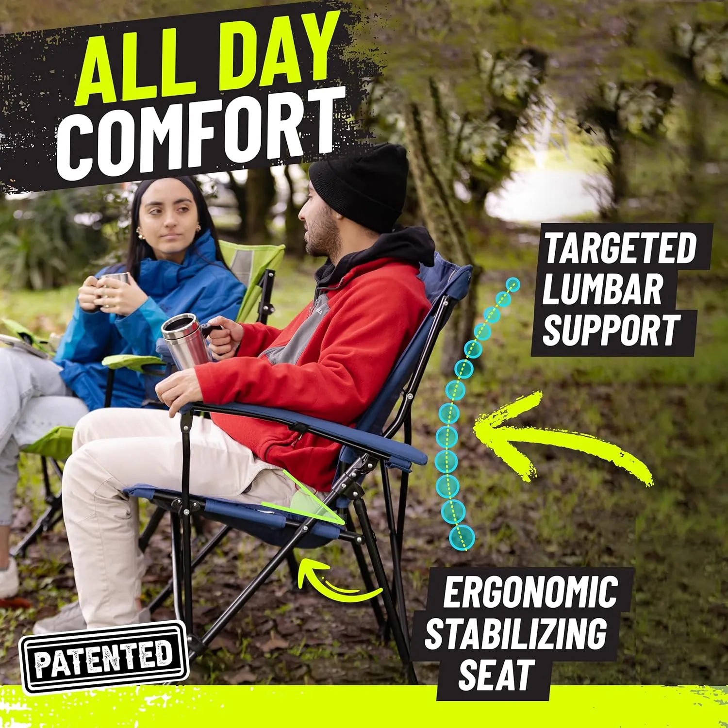 STRONGBACK Elite Folding Camping Lawn Lounge Chair Heavy Duty Camp Outdoor Seat with Lumbar Support and Portable Carry Bag - Black/Grey