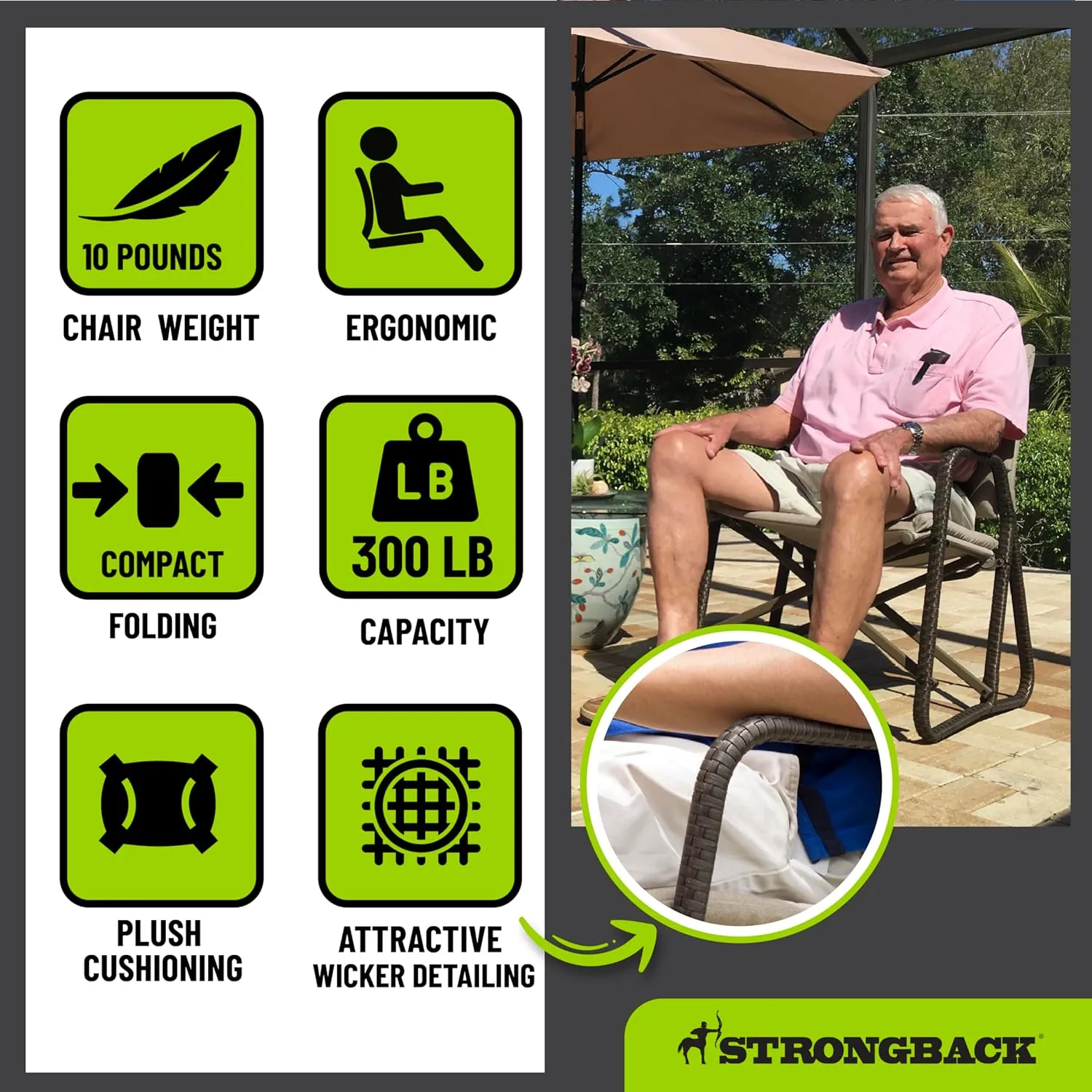 STRONGBACK Folding Patio Rocker Chair - Ergonomic Design for Back Support - 21" Seat Width/300 lb Capacity - Plush Olefin Cushions/Magnesium Alloy Frame - Lightweight/Portable Outside Chairs