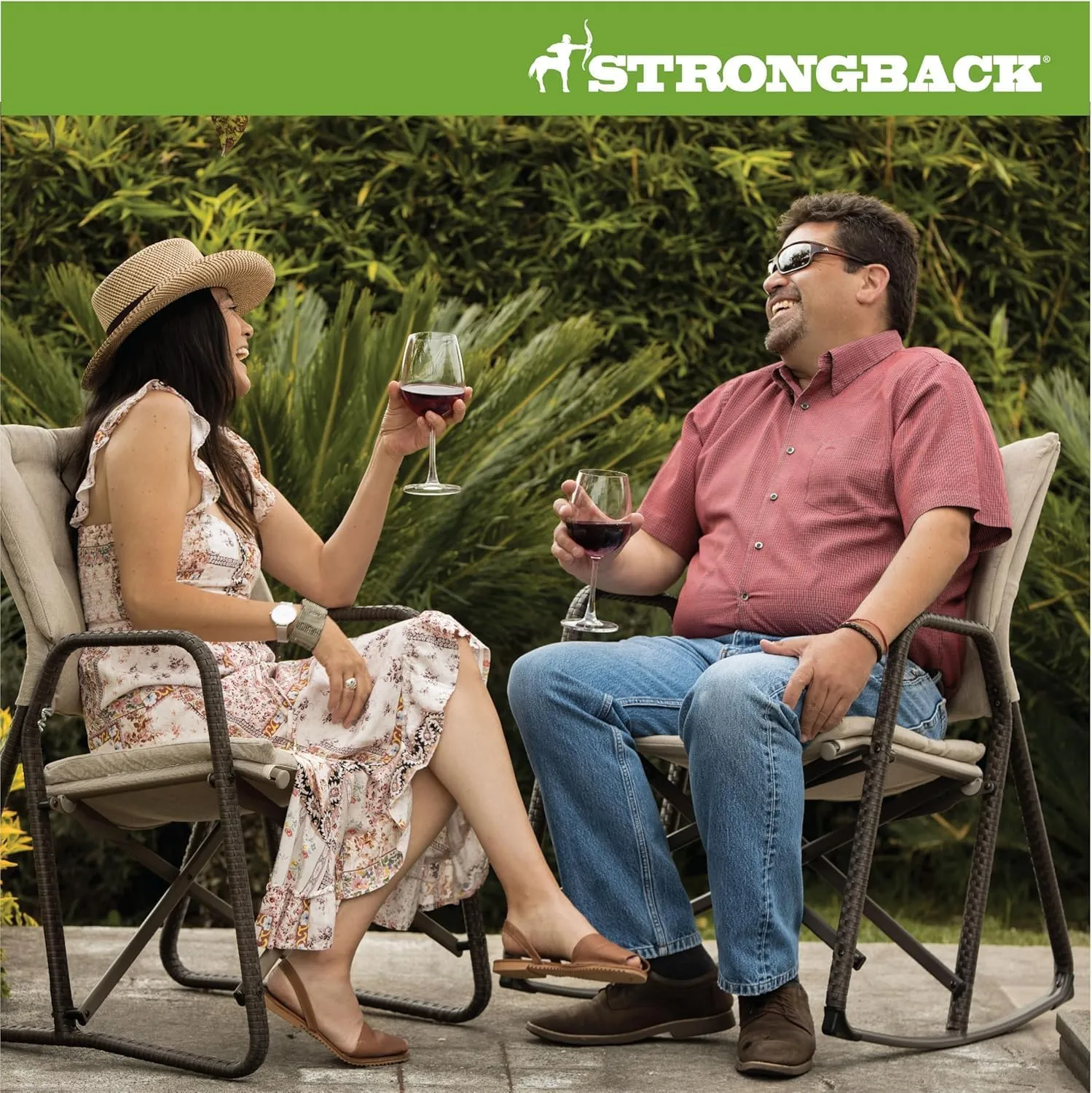 STRONGBACK Folding Patio Rocker Chair - Ergonomic Design for Back Support - 21" Seat Width/300 lb Capacity - Plush Olefin Cushions/Magnesium Alloy Frame - Lightweight/Portable Outside Chairs