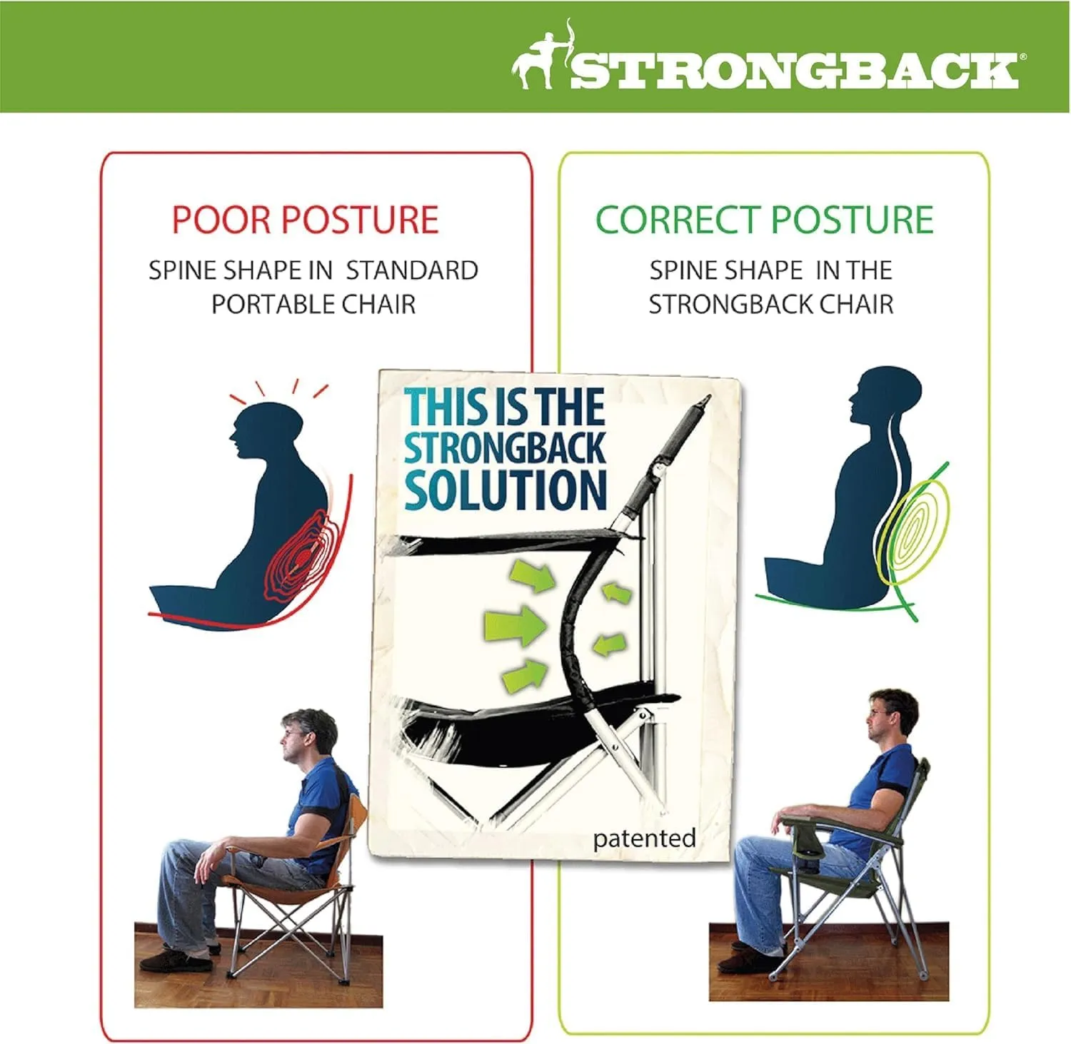 STRONGBACK Folding Patio Rocker Chair - Ergonomic Design for Back Support - 21" Seat Width/300 lb Capacity - Plush Olefin Cushions/Magnesium Alloy Frame - Lightweight/Portable Outside Chairs