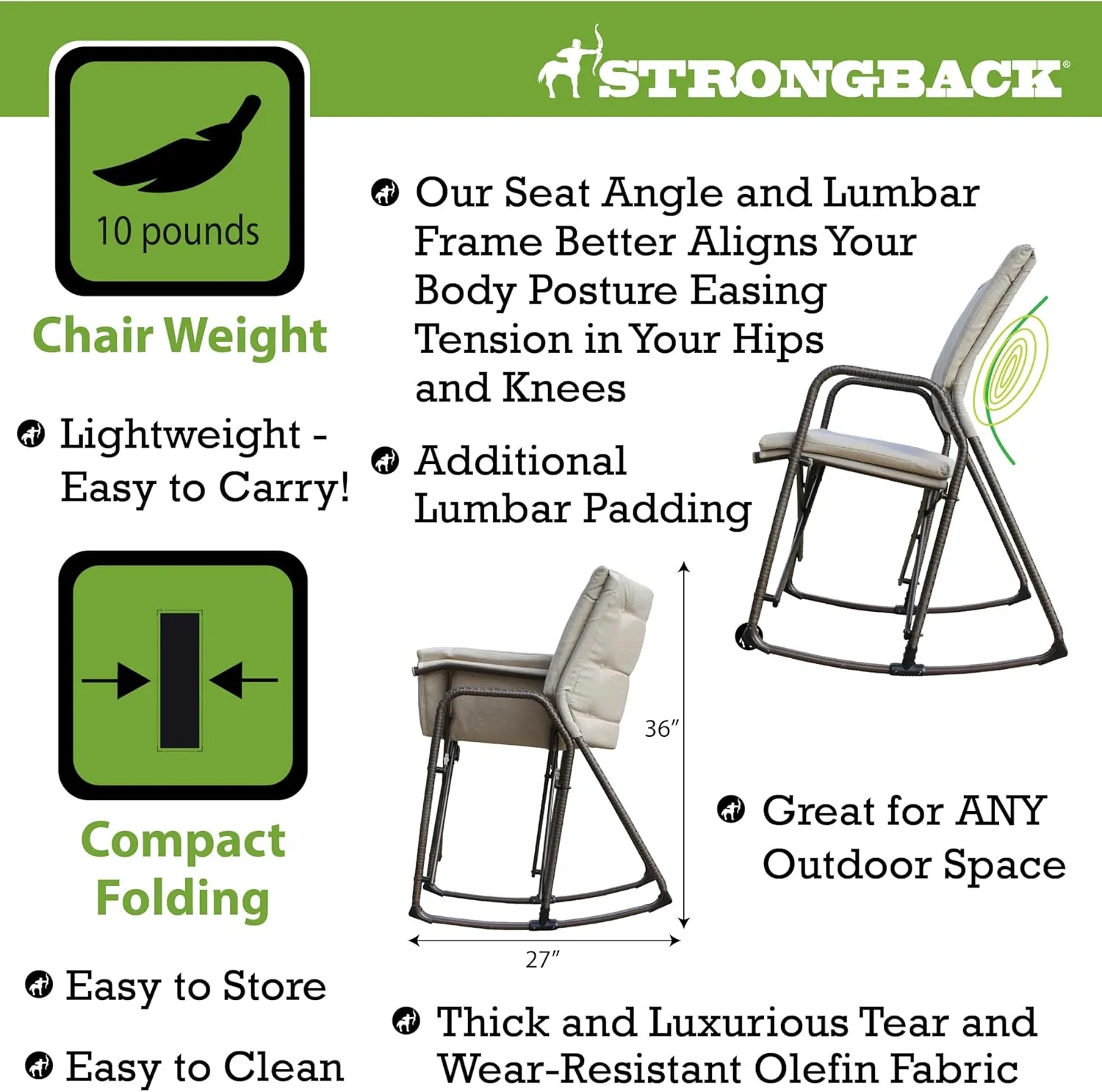 STRONGBACK Folding Patio Rocker Chair - Ergonomic Design for Back Support - 21" Seat Width/300 lb Capacity - Plush Olefin Cushions/Magnesium Alloy Frame - Lightweight/Portable Outside Chairs