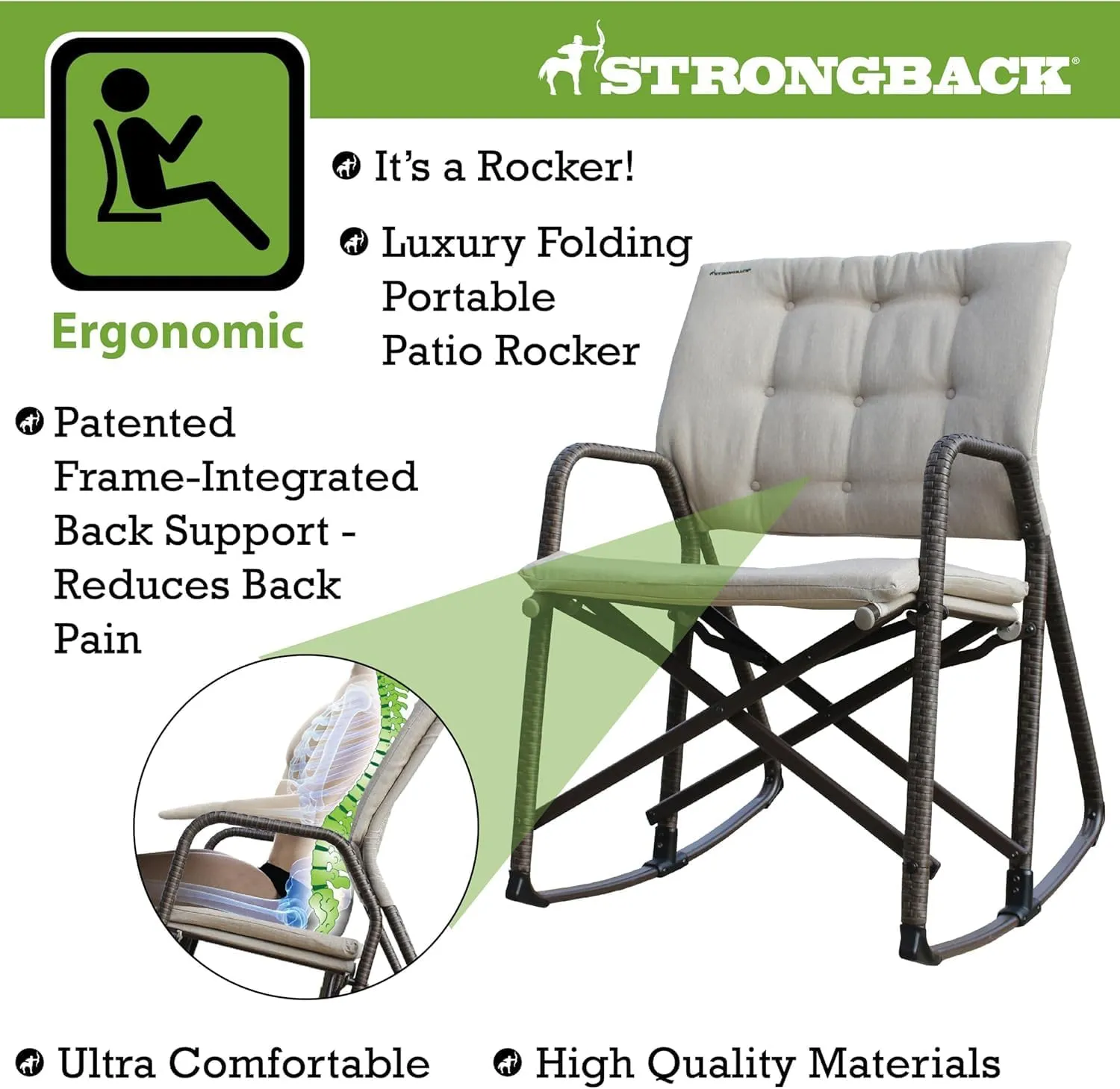 STRONGBACK Folding Patio Rocker Chair - Ergonomic Design for Back Support - 21" Seat Width/300 lb Capacity - Plush Olefin Cushions/Magnesium Alloy Frame - Lightweight/Portable Outside Chairs