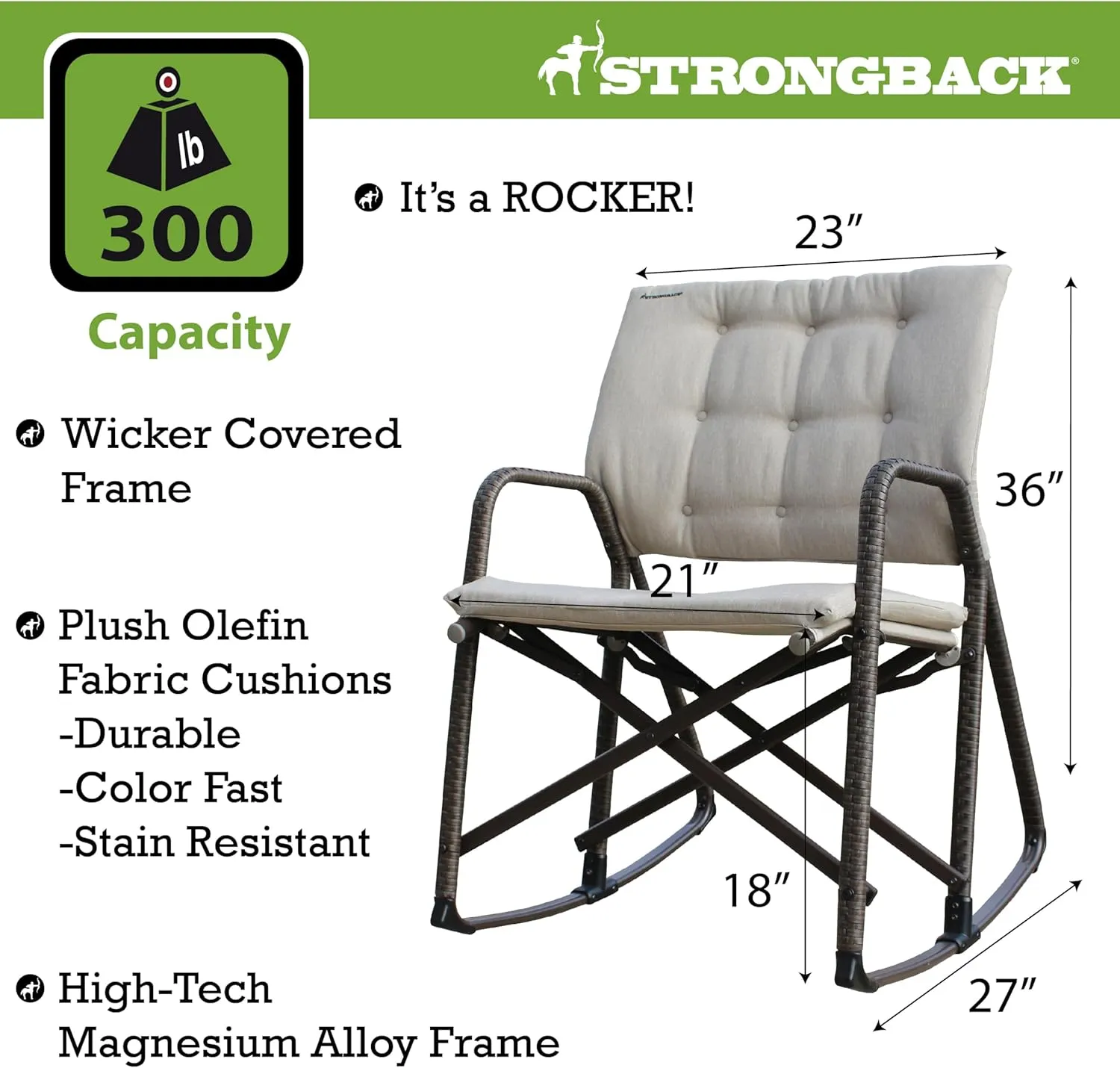 STRONGBACK Folding Patio Rocker Chair - Ergonomic Design for Back Support - 21" Seat Width/300 lb Capacity - Plush Olefin Cushions/Magnesium Alloy Frame - Lightweight/Portable Outside Chairs