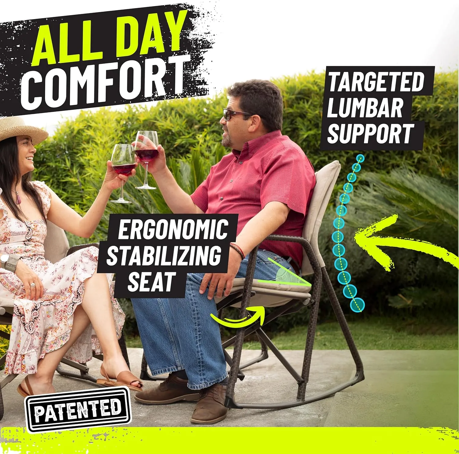 STRONGBACK Folding Patio Rocker Chair - Ergonomic Design for Back Support - 21" Seat Width/300 lb Capacity - Plush Olefin Cushions/Magnesium Alloy Frame - Lightweight/Portable Outside Chairs