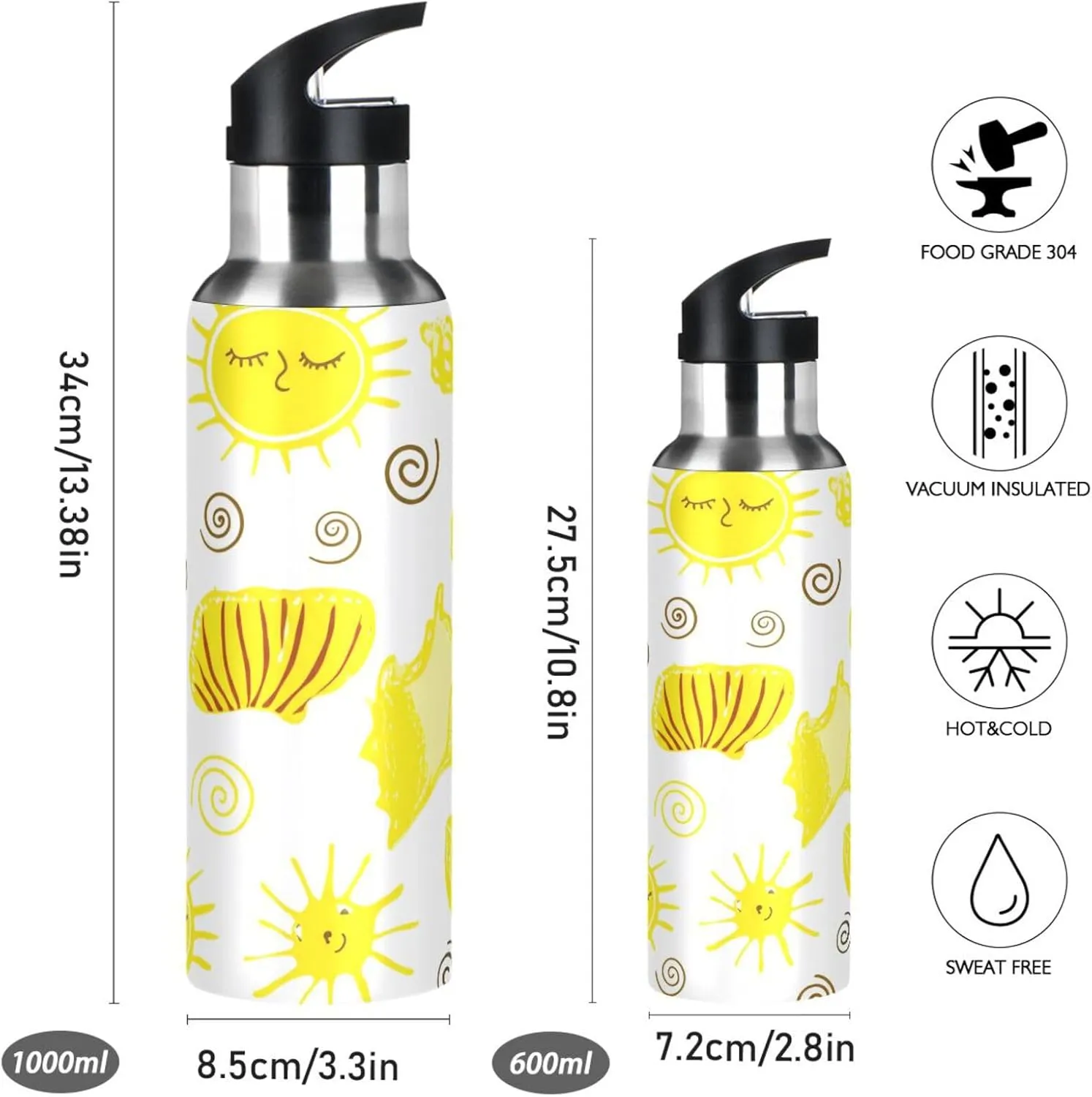 Sun and Conch Sports Water Bottle with Straw, 22oz BPA Free Stainless Steel Vacuum Insulated Bottle for Gym Fitness Outdoor